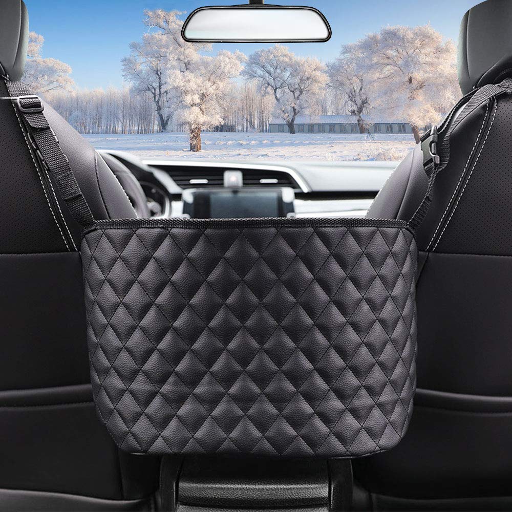 QBUC Car Handbag Holder - Premium Leather Seat Back Organizer with Large Mesh Storage Pockets, Backseat Barrier for Pets & Kids - Perfect for Purse, Phone, and Essentials Storage - Ideal for Road Trips, Commuting, and Family Travel