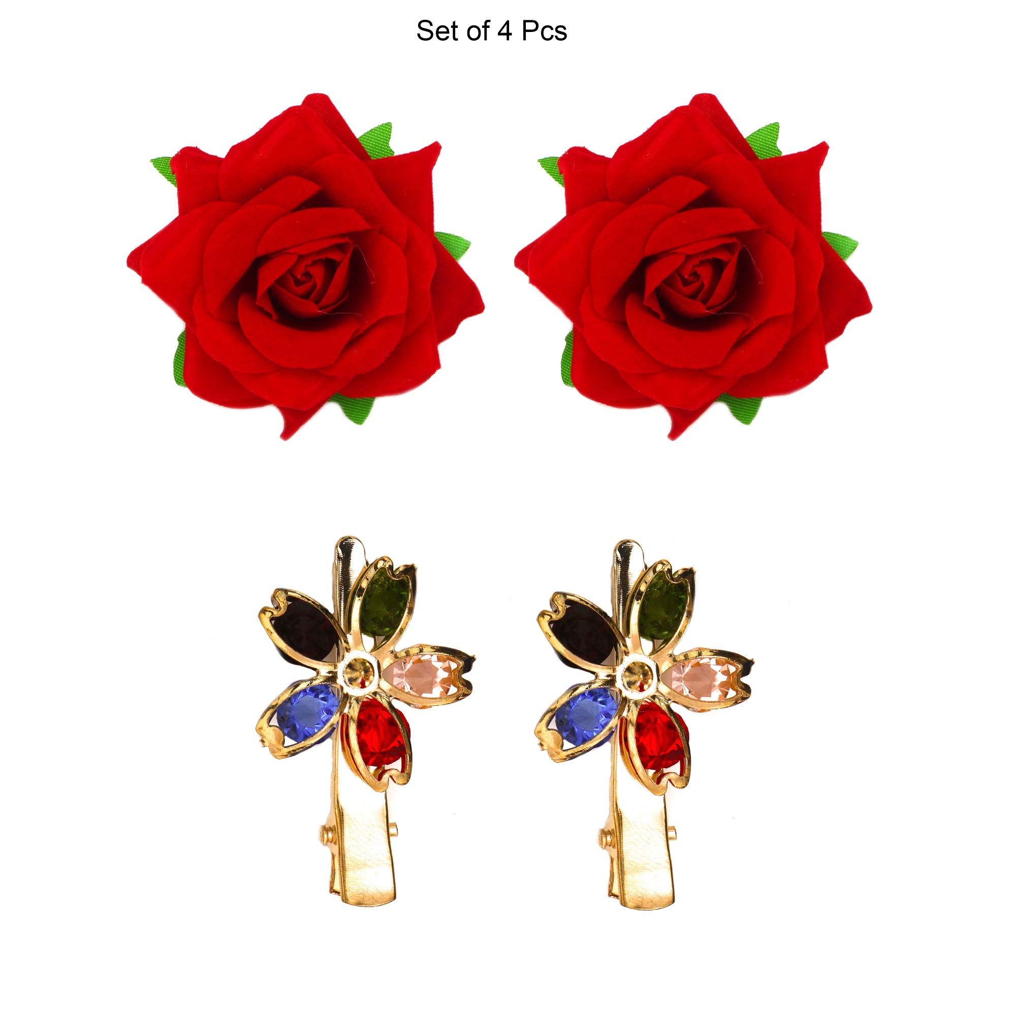 Paradise® Women's Floral Hair Clips Set - 2 Red Flower & 2 Multicolor Tic-Tac Hairpins for Girls, Teens & Kids | Perfect for Weddings, Parties & Everyday Wear