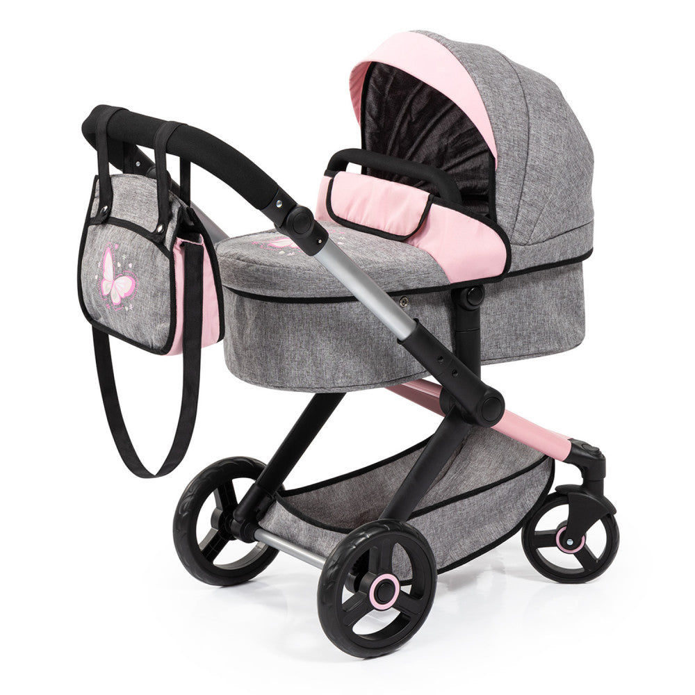 Bayer Design Doll Pram Xeo - Grey & Pink Butterfly Stroller with Matching Handbag for Baby Dolls | Perfect for Pretend Play, Role-Playing, and Gift-Giving
