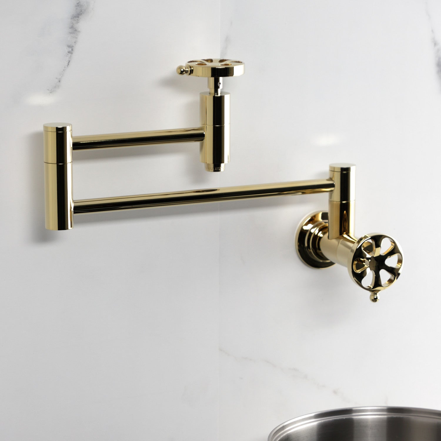 Belknap KS8102RX Two Handle Wall Mount Pot Filler Faucet - Polished Brass Finish - Ideal for Kitchen, Sink, and Stove Area - Perfect for Filling Large Pots and Pans