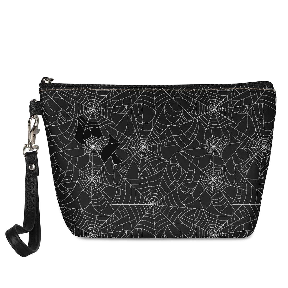 INSTANTARTS Black Spider Web Pattern Cosmetic Bag - Small Waterproof PU Leather Toiletry Pouch for Makeup & Travel - Halloween Style Accessory for Parties, Cosplay & Gift Giving