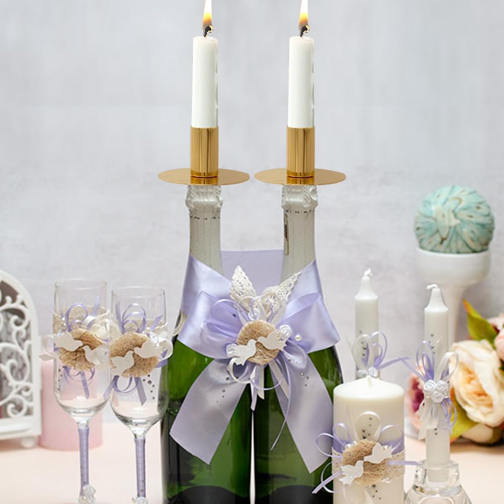 16PCS Golden Metal Taper Candle Holders for Wine Bottles - Easter, Birthday & Wedding Decor - Dripping Candle Inserts for Standard Votive Candles - Perfect for Table Centerpieces, Romantic Dinners and Holiday Decorations