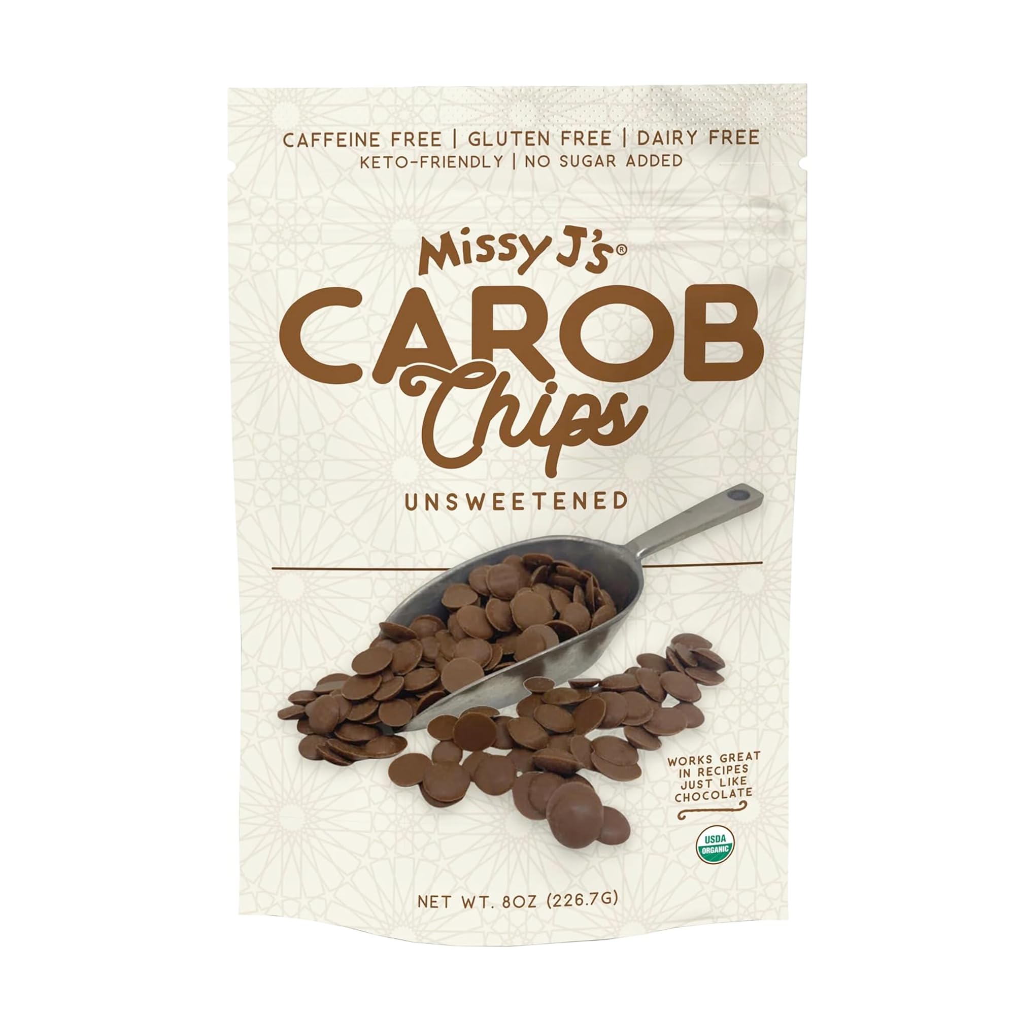 Organic Unsweetened Carob Chips 8 Oz - Vegan, Gluten-Free, Caffeine-Free Healthy Chocolate Alternative - Perfect for Baking, Snacks, Desserts & Vegan Treats