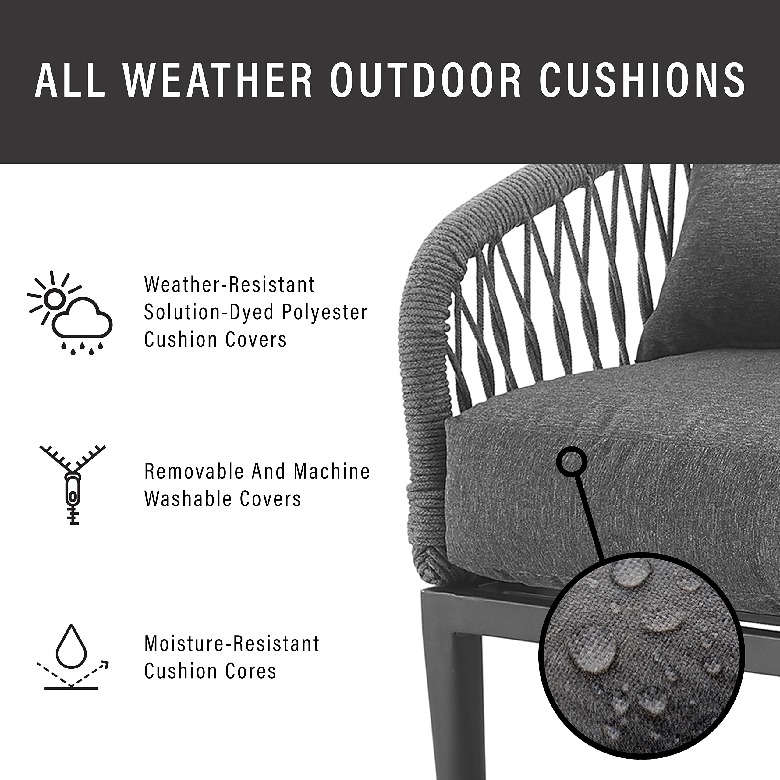 Crosley Dover 2-Piece Indoor Outdoor Chair Set - Matte Black Patio Chairs with Charcoal Cushions for Conversation, Porch, Deck, Garden & Backyard Relaxation