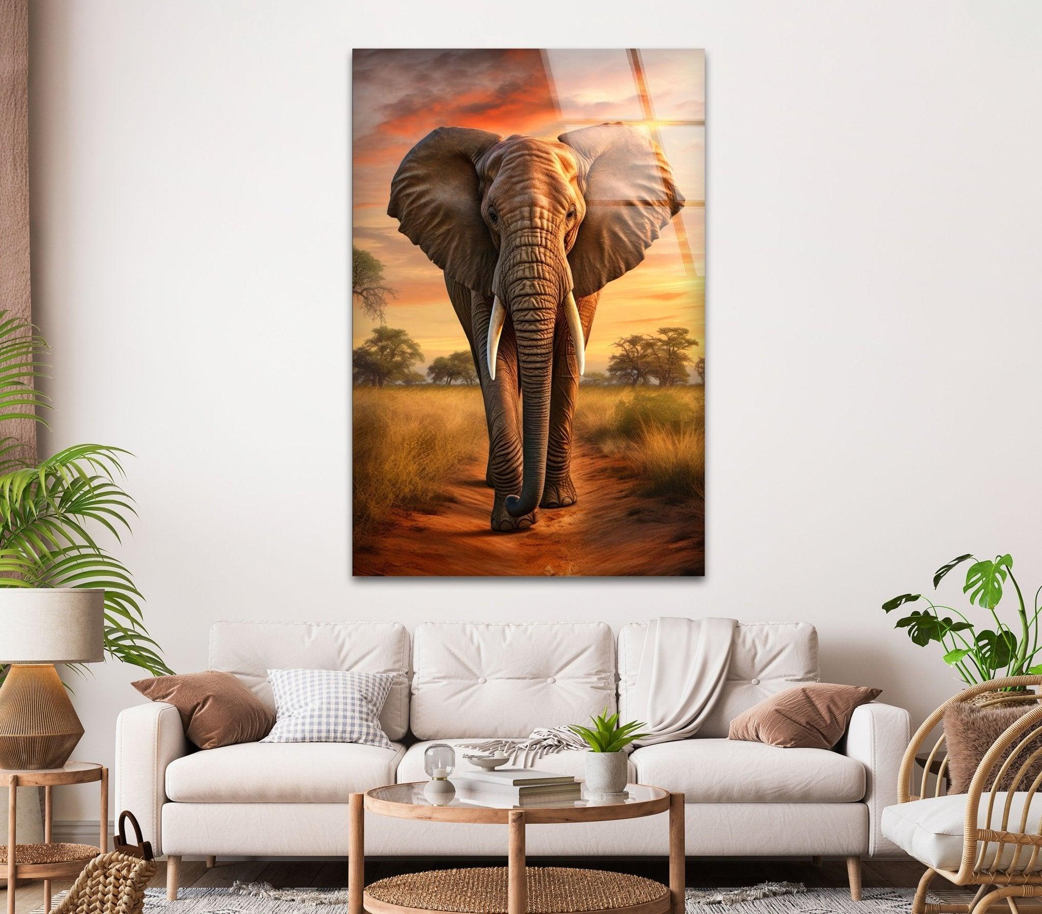 African Elephant Glass Wall Art - Handcrafted Home Decor for Living Room, Bedroom & Office - Perfect for Nature Lovers & Safari Theme Interior Design