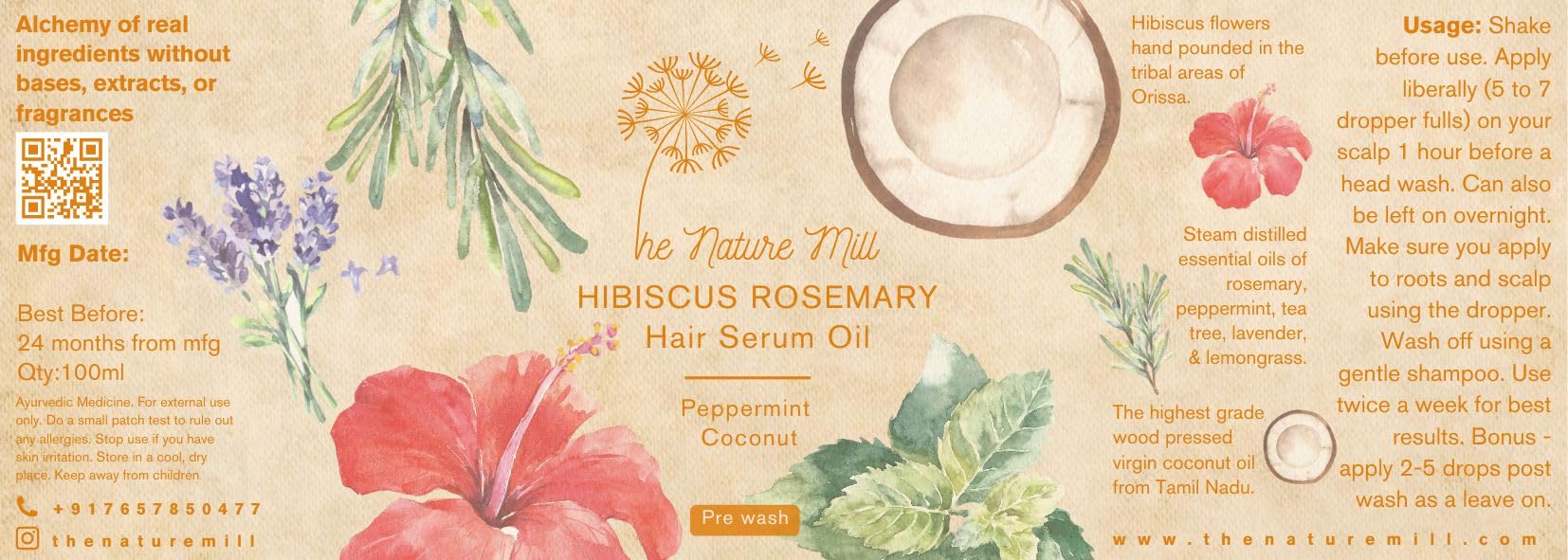 Nature Mill Hibiscus Rosemary Hair Serum Oil - 100ml Coconut Peppermint for Stronger Hair Growth | Natural Hair Care Treatment for Dry, Damaged Hair | Perfect for Daily Use & Scalp Massage