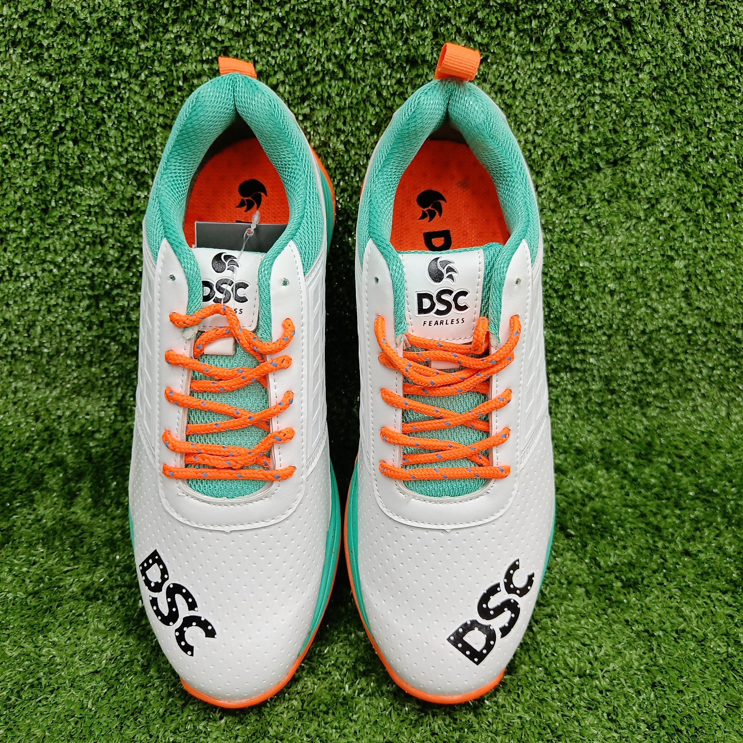 DSC Jaffa 22 Cricket Shoes for Men - White & Sea Green Sports Shoes | Lightweight & Breathable for Cricket Matches & Training