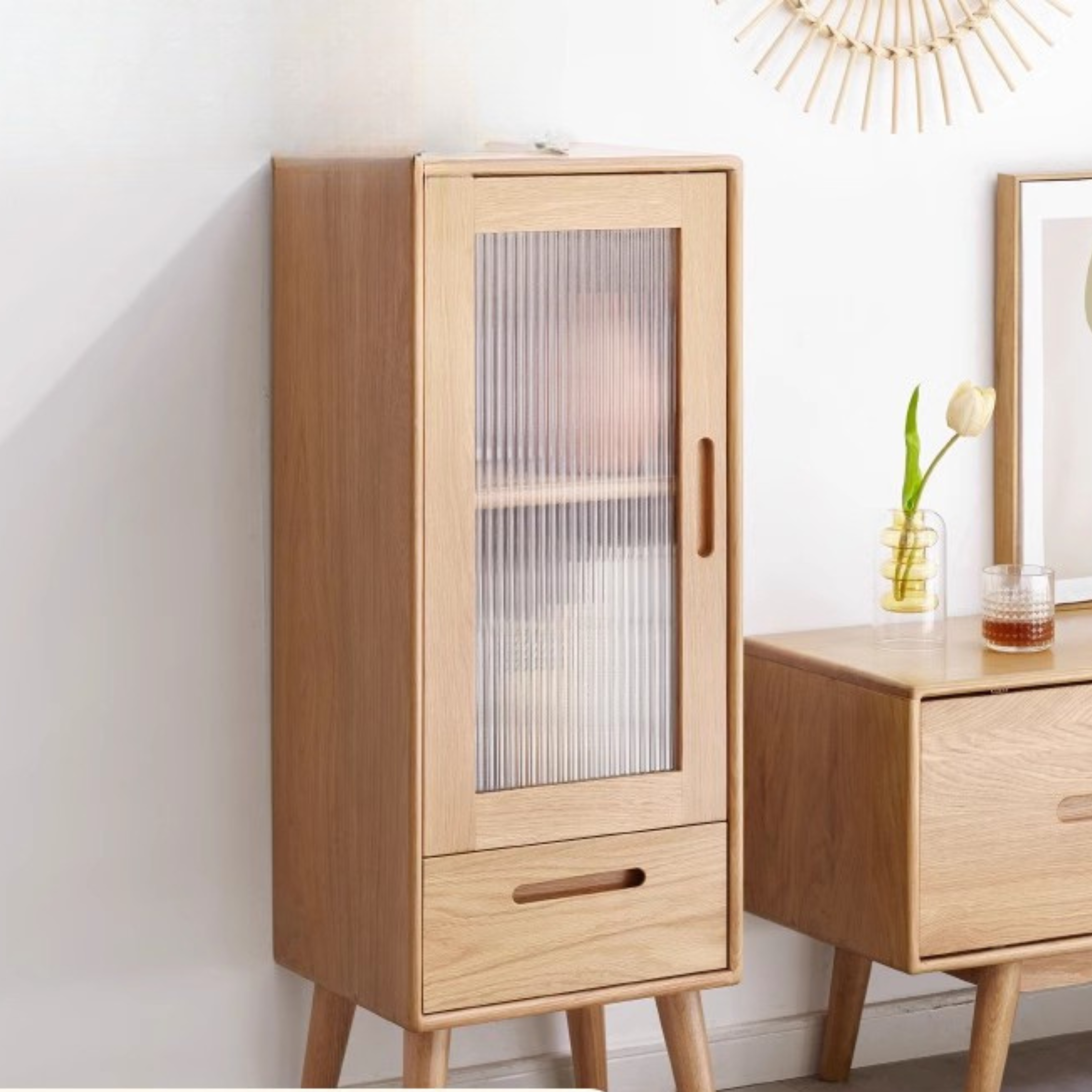 Solid Oak Wood Glass Door Display Cabinet - Stylish Storage for Living Room, Bedroom, or Office
