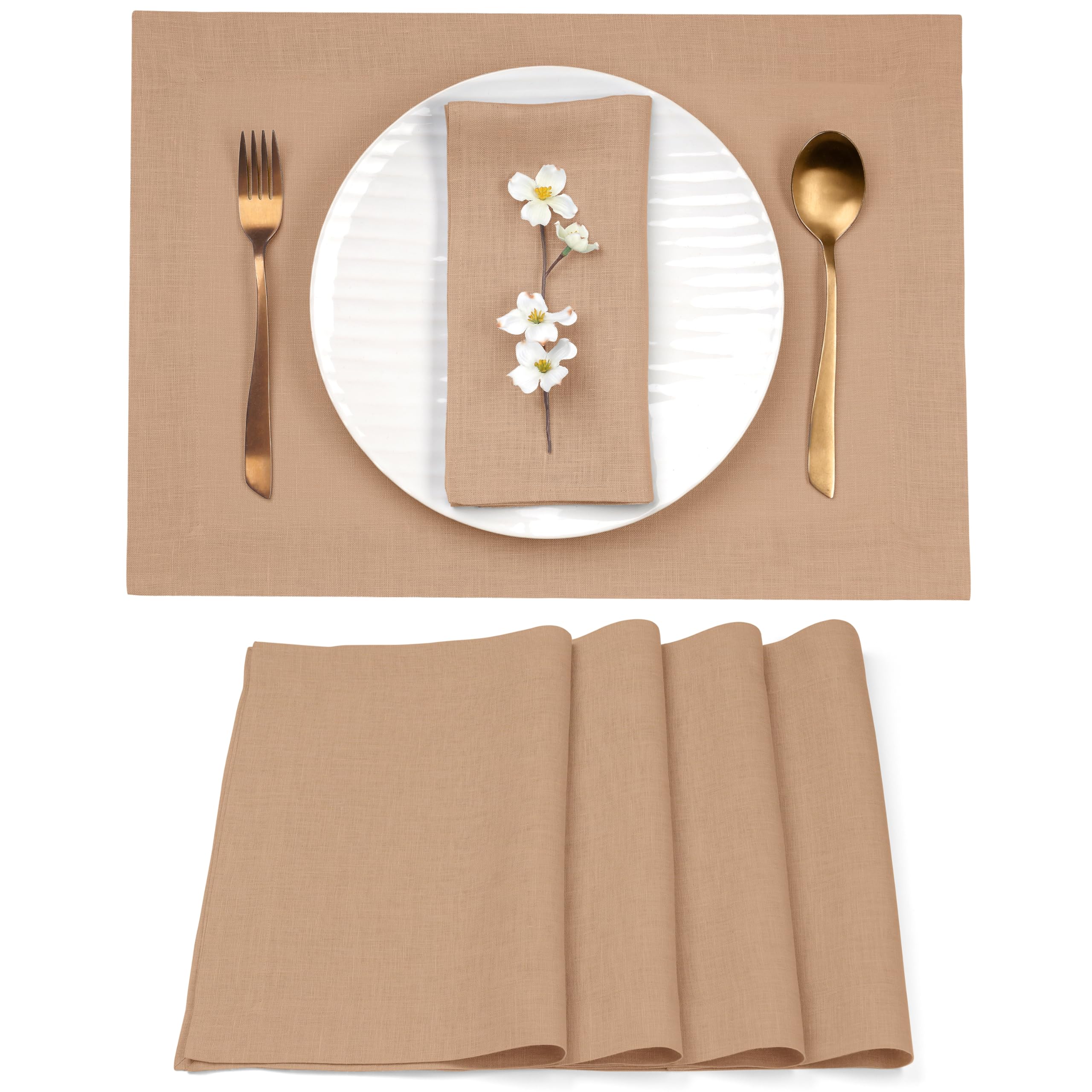 D'Moksha Homes 100% Pure Linen Placemats Set of 4 - 14x19 Inch Champagne Beige Table Mats - Washable Linen Placemats for Dining Table, Easter Decor, Kitchen, and Party Settings