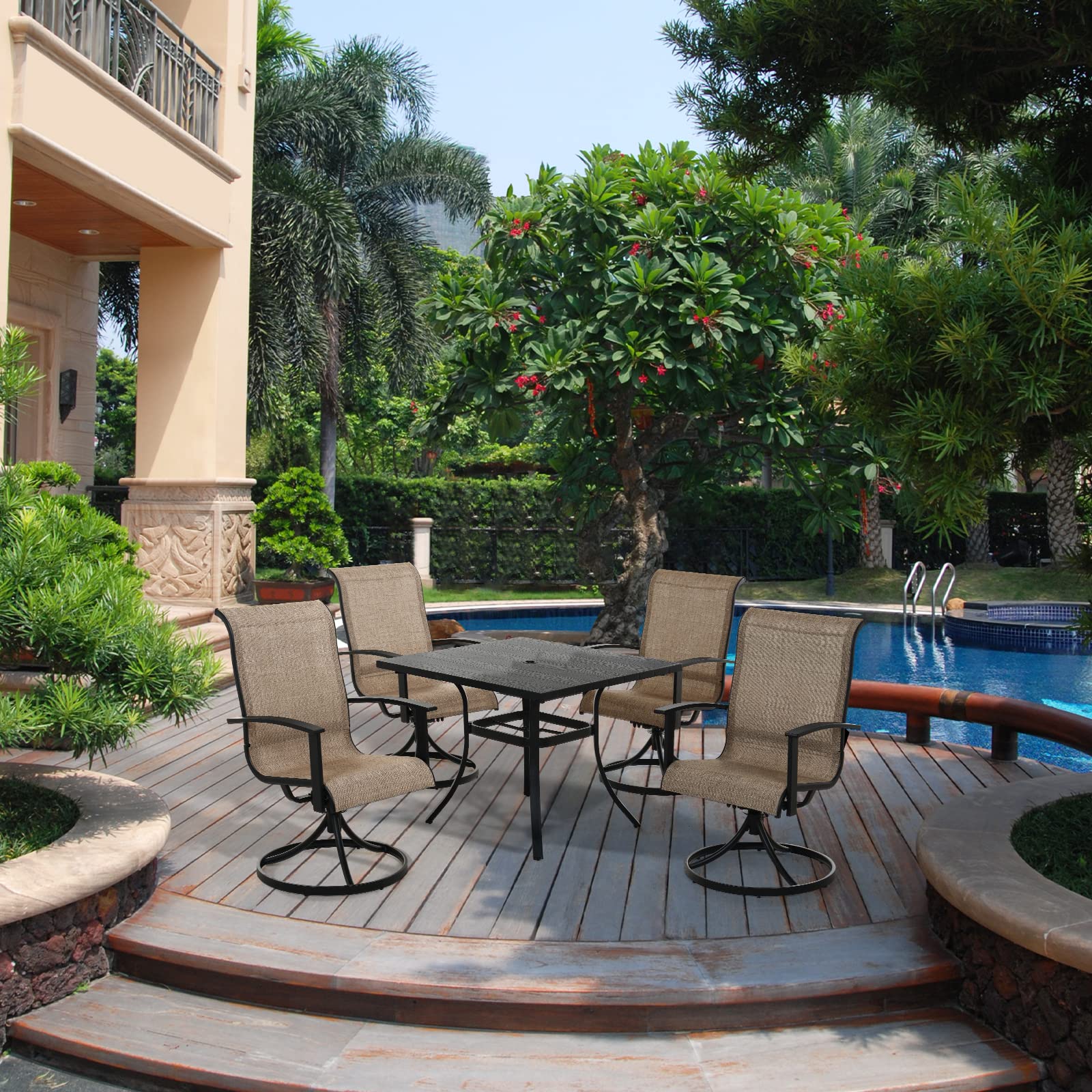 Premium 5-Piece Outdoor Dining Set - 4 Padded Mesh Sling Swivel Rocking Chairs & 36
