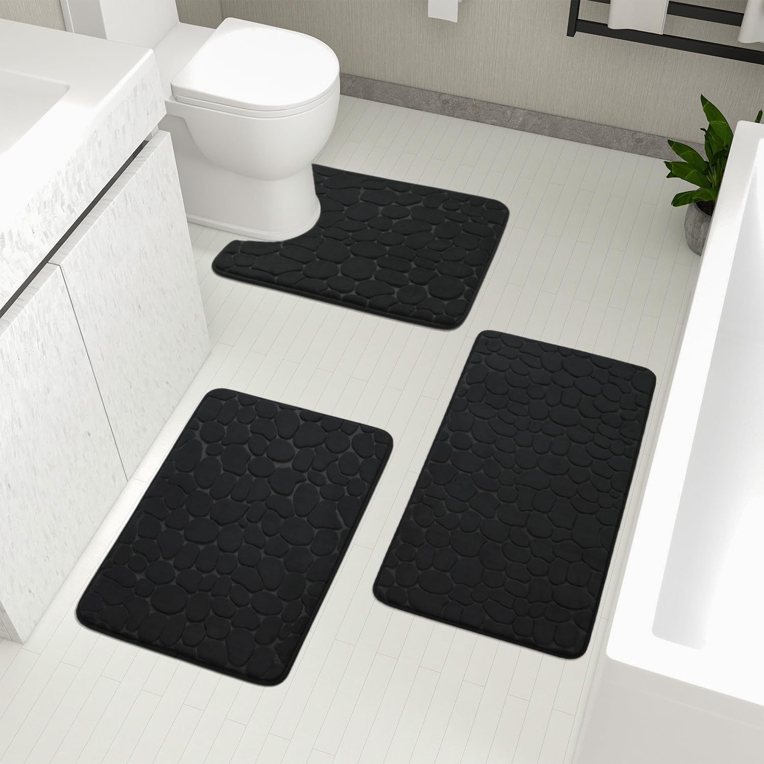 YIHOUSE 3-Piece Memory Foam Bathroom Rug Set - Extra Thick Non-Slip Cobblestone Design, Super Absorbent & Washable Bath Mats for Shower, Tub, Toilet & Floor - Perfect for Modern Bathrooms & Spa-Like Comfort