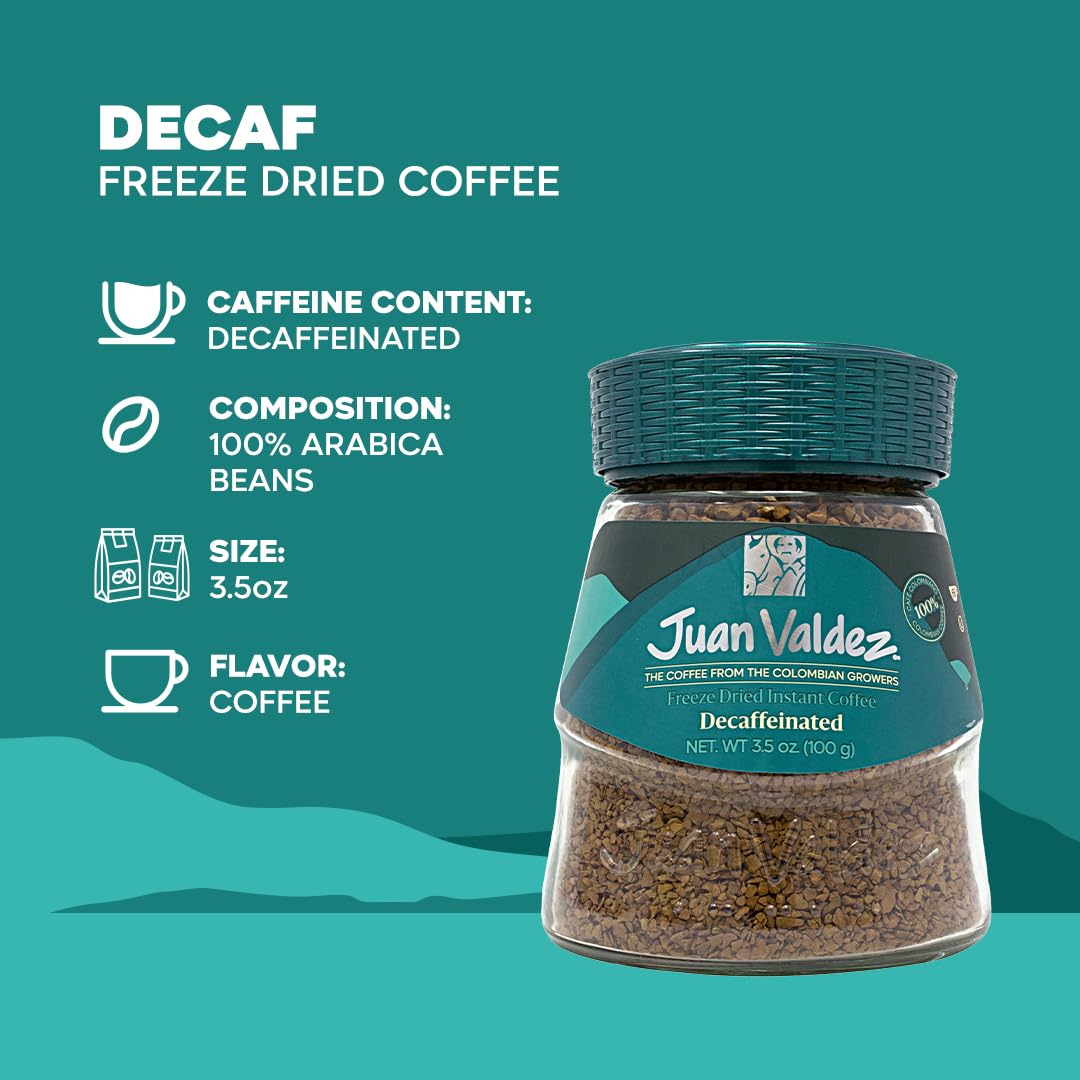 Premium Juan Valdez Decaffeinated Freeze Dried Coffee, Classic Flavor 3.3 oz (94g) - 100% Colombian Arabica Beans - Rich & Smooth Taste - Perfect for Home, Office & Travel - Instant Coffee for Coffee Lovers