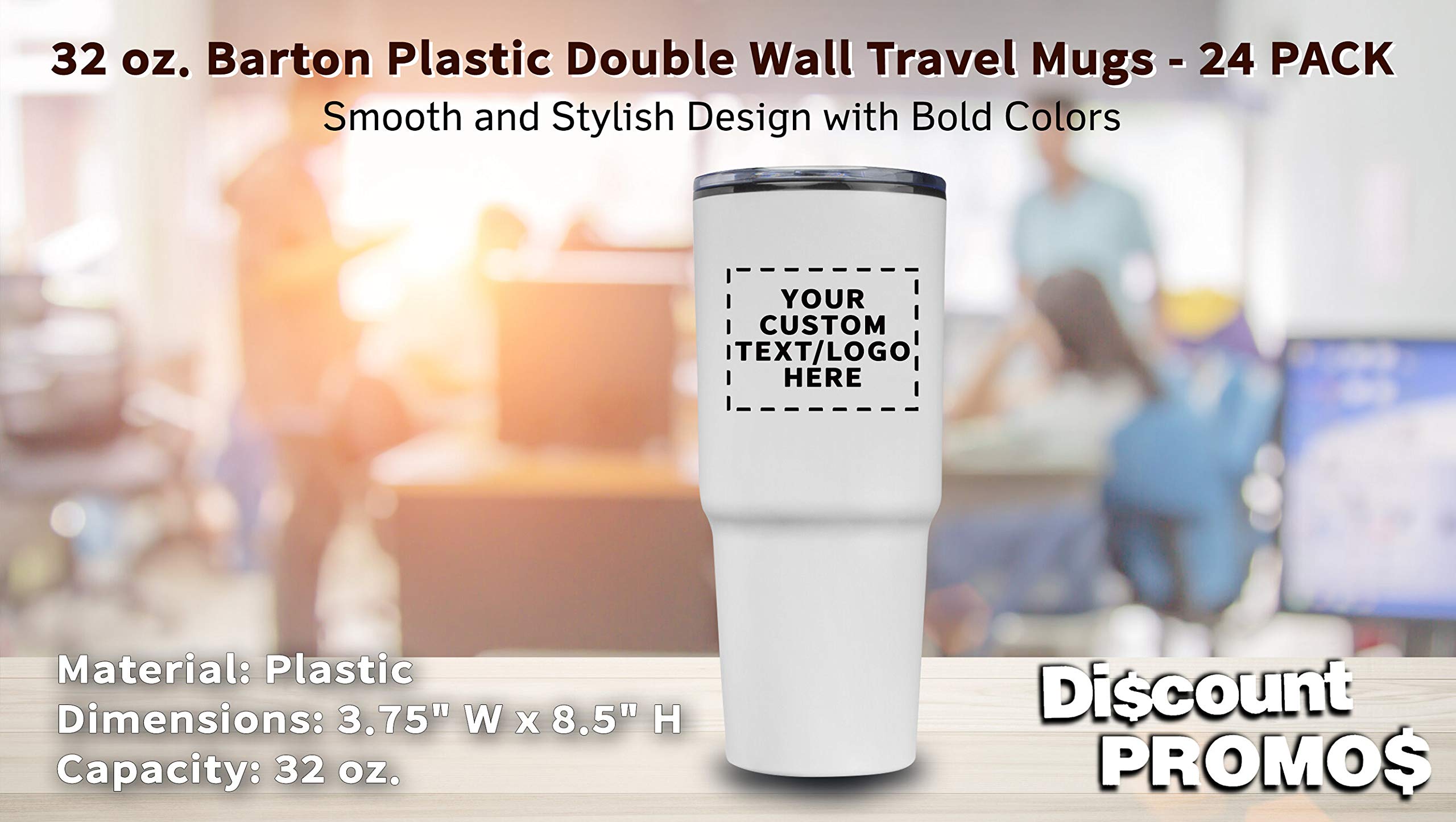 32 oz. Personalized Barton Plastic Double Wall Travel Mugs - 24 Pack with Custom Text & Logo - White - Perfect for Office, Events & Promotional Gifts
