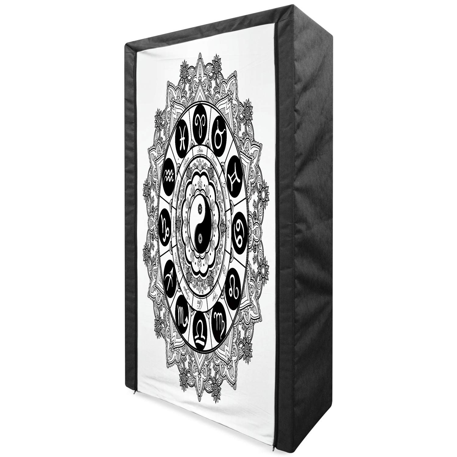 Ambesonne Yin Yang Portable Fabric Wardrobe with Round Zodiac Design - Astrology Signs Print Clothing Organizer & Storage Closet with Shelves (33.5 Inches, Black & White) - Perfect for Bedroom, Dorm, or Apartment Closet Organization