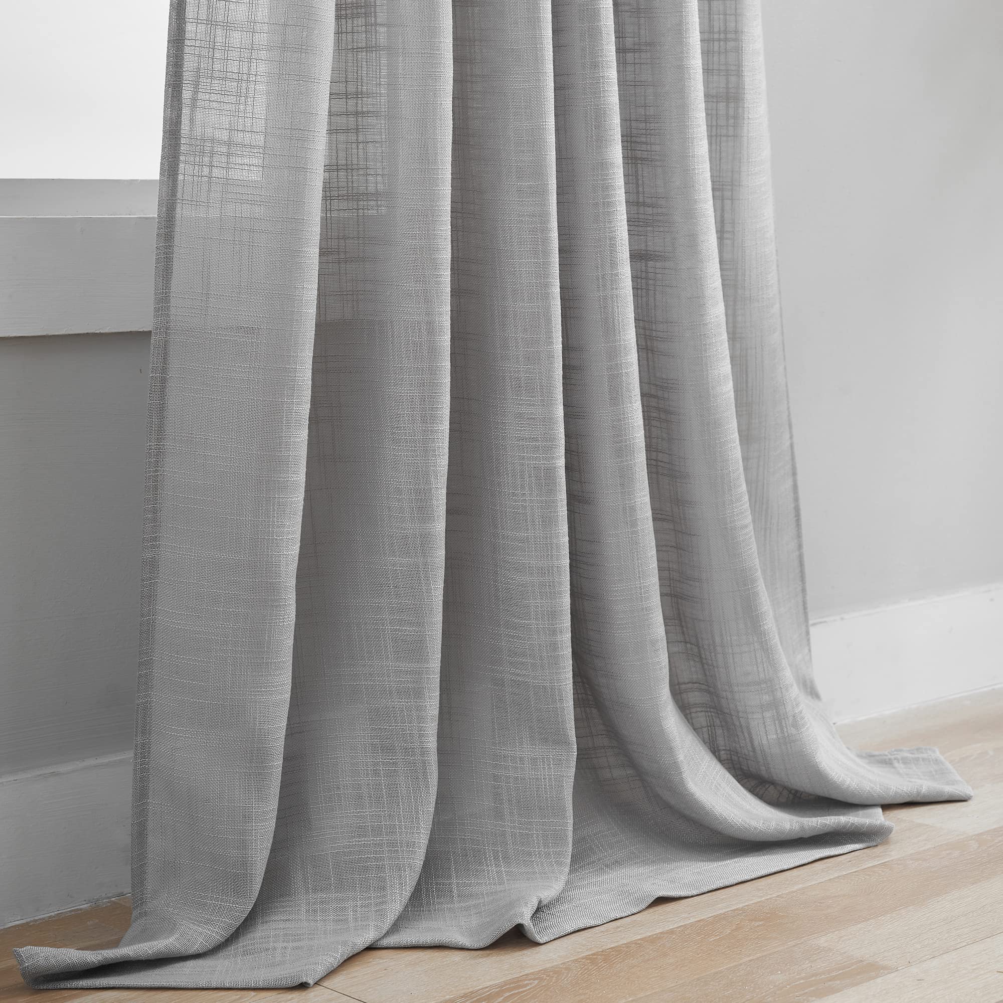 VOILYBIRD Grey Linen Semi Sheer Curtains - Light Filtering Elegant Window Drapes with Tab Top, 52 x 96 Inches, Set of 2 Panels for Living Room & Bedroom - Perfect for Privacy & Soft Natural Light