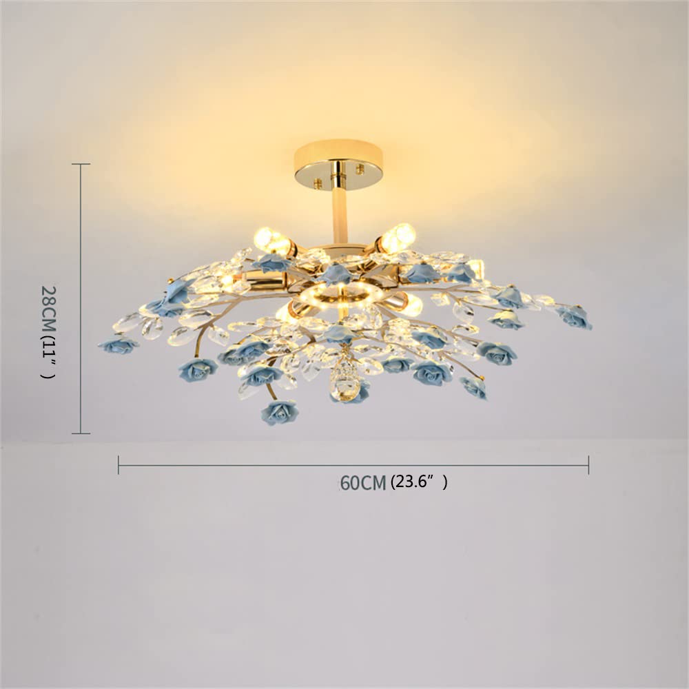 Modern Crystal Chandelier Pendant Light - Blue Flower Branch Design LED Fixture for Living Room, Dining Room, Bedroom (D60xH28cm) - Perfect for Home Decor, Wedding Venues & Luxury Interior Lighting