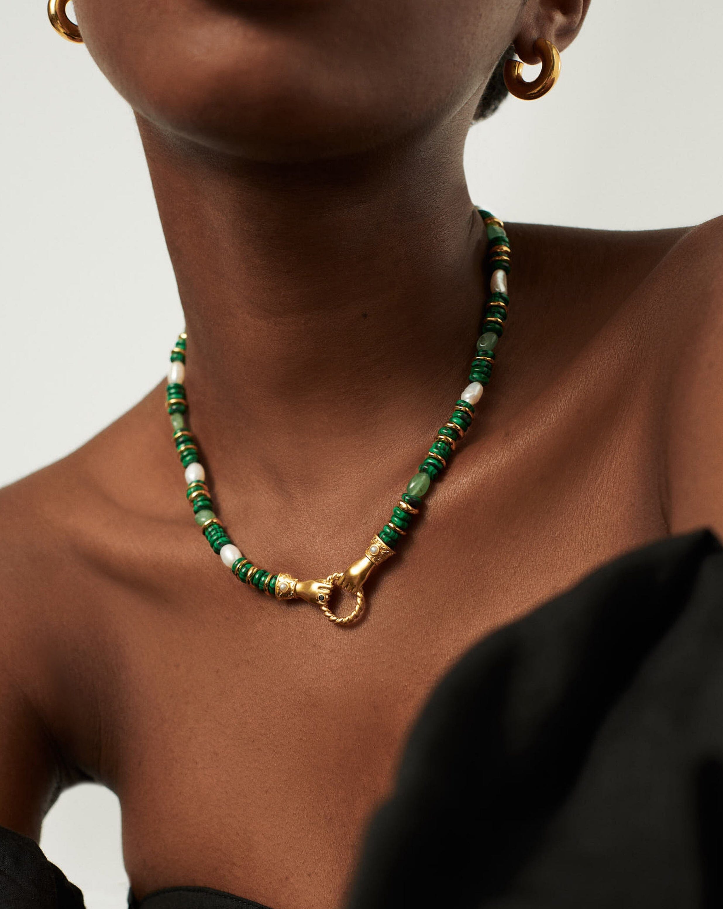 Harris Reed Chunky Beaded Gemstone Necklace - 18k Gold Plated Multi Green Gemstone & Pearl Statement Jewelry for Women | Perfect for Parties, Weddings & Special Occasions