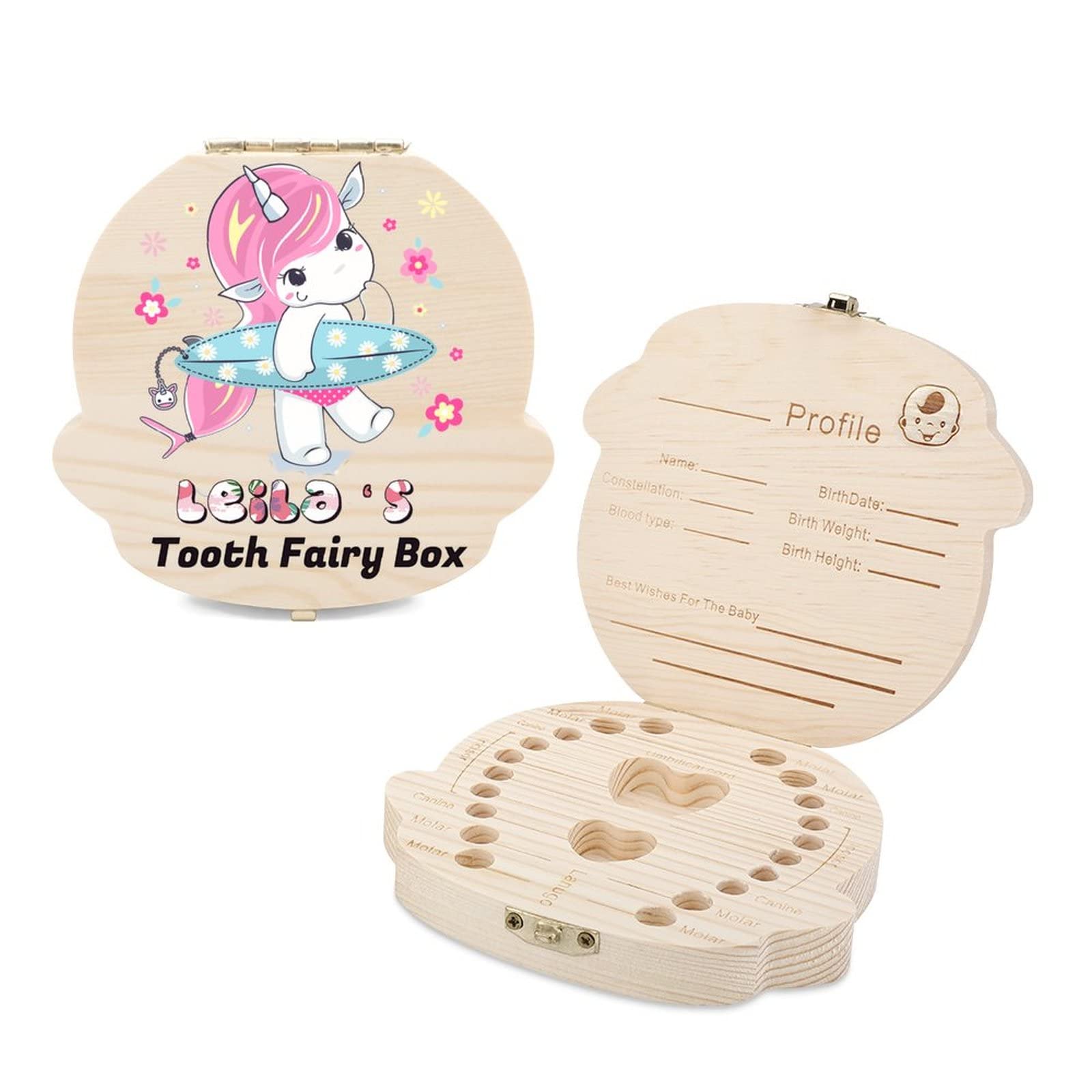 Personalized Wooden Tooth Fairy Box - Custom Name Baby Tooth Storage Keepsake Box for Boys & Girls - Unicorn, Surf & Daisy Flower Designs - Perfect for First Tooth Gifts & Childhood Memory Preservation