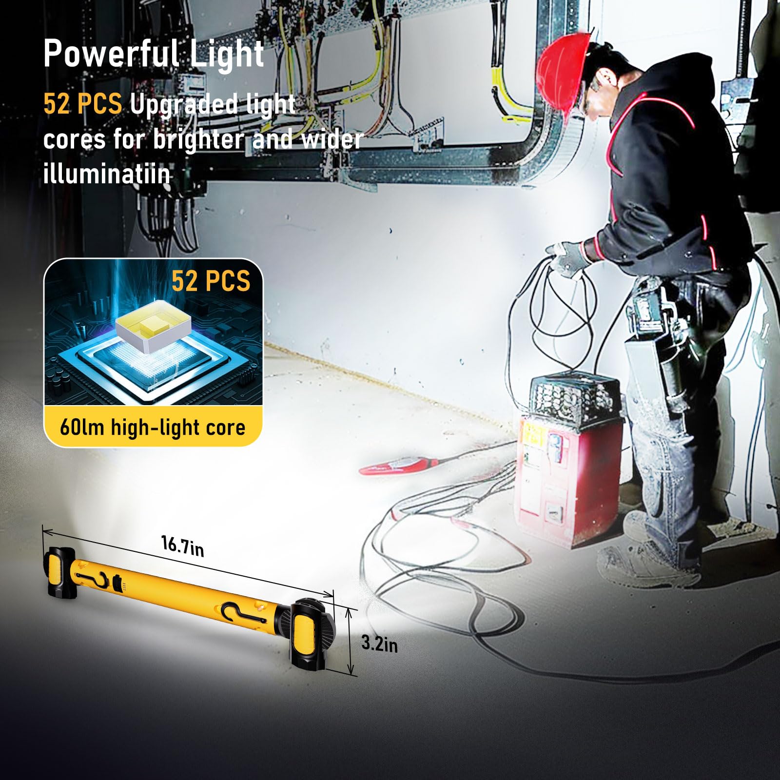 3200LM Rechargeable LED Work Light for Mechanics - 5400mAh Magnetic Light Bar with Hooks, Portable Underhood Light for Car Repair, Garage Workshop & Emergency Use - Perfect Gift for Men (Yellow)