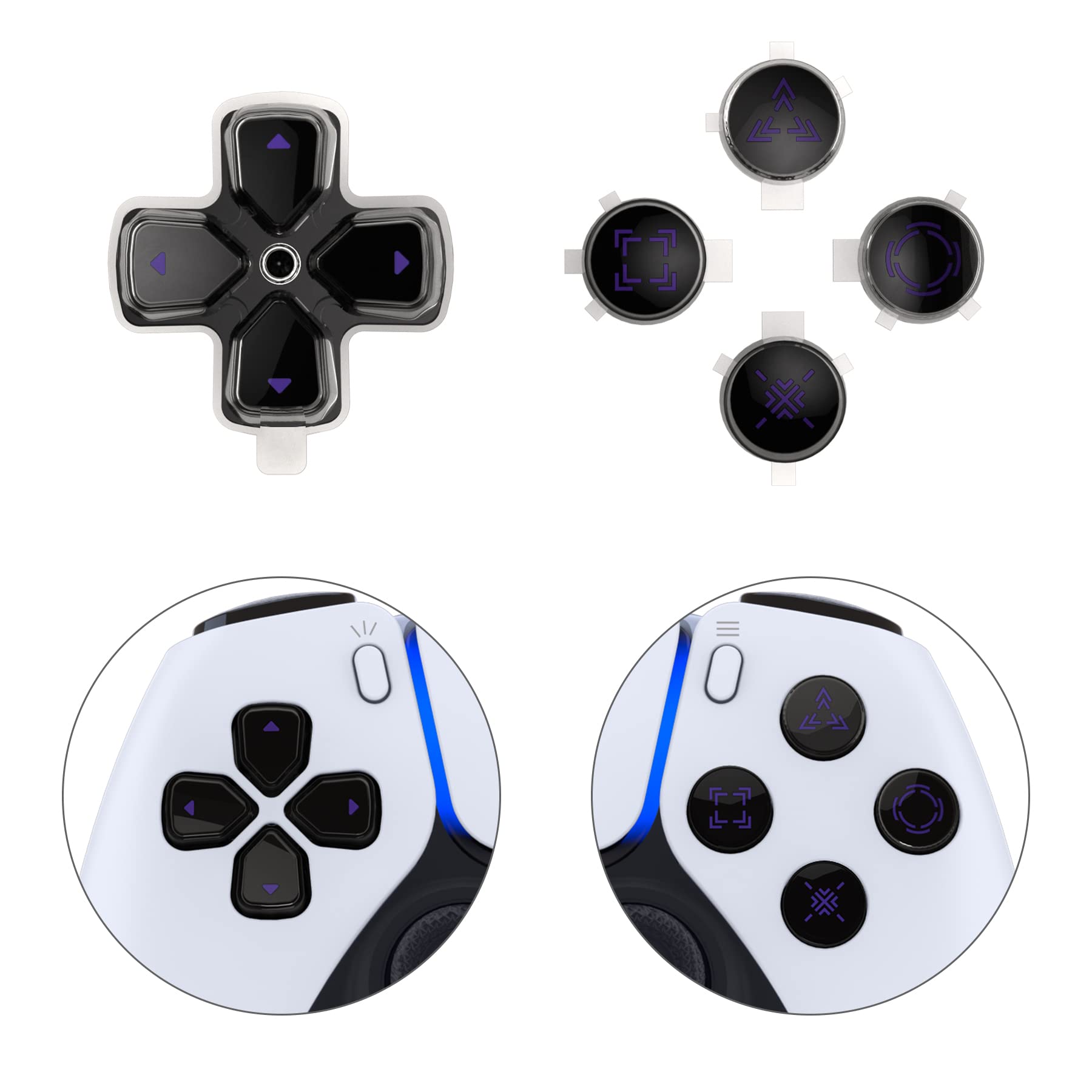 eXtremeRate Custom D-Pad & Action Buttons for PS5 Controller - Black & Clear with Purple Symbols | Enhanced Gaming Performance for FPS, Fighting & Racing Games