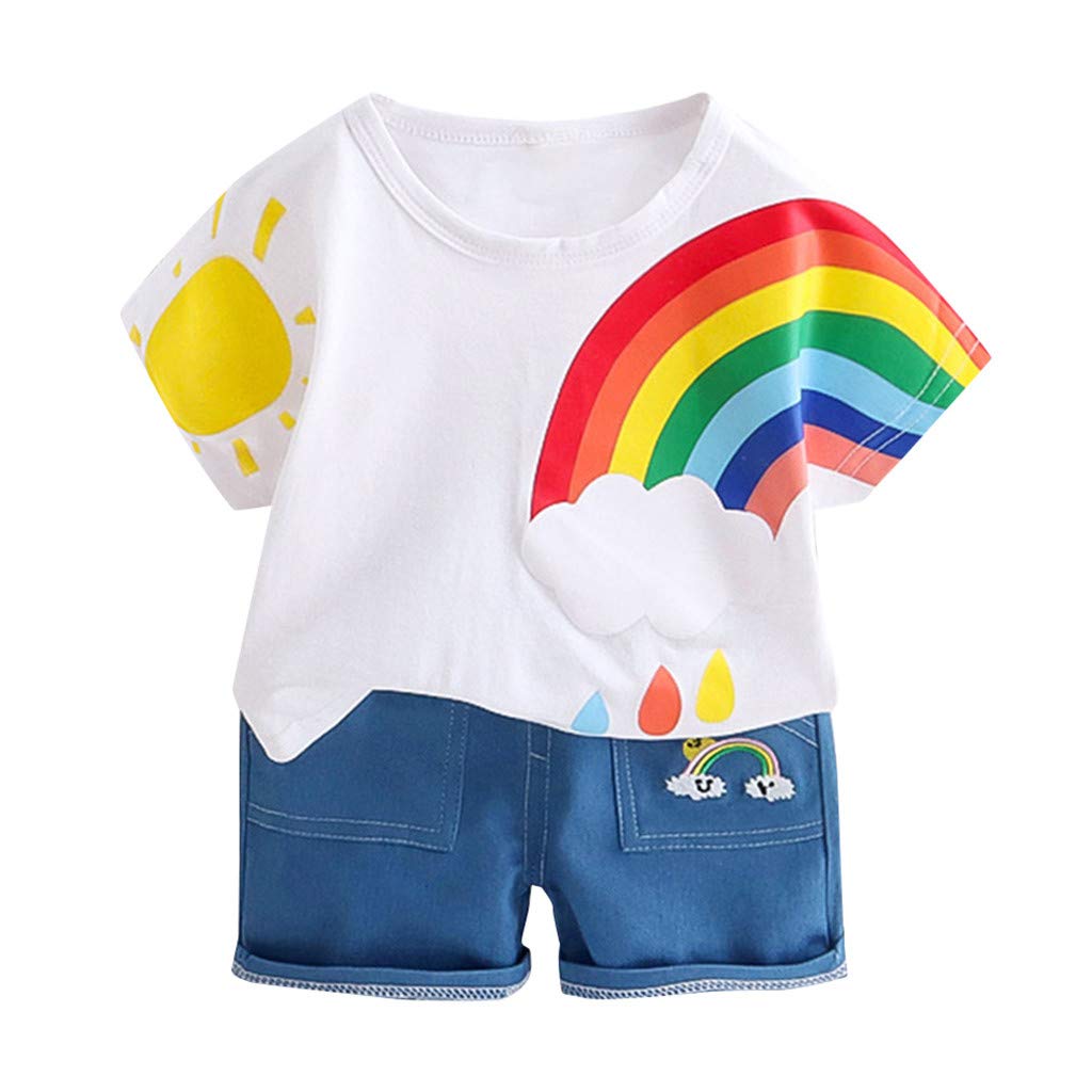 **Cartoon Rainbow Print T-Shirt & Denim Shorts Outfit Set for Toddler Boys - Playtime & Casual Wear**
