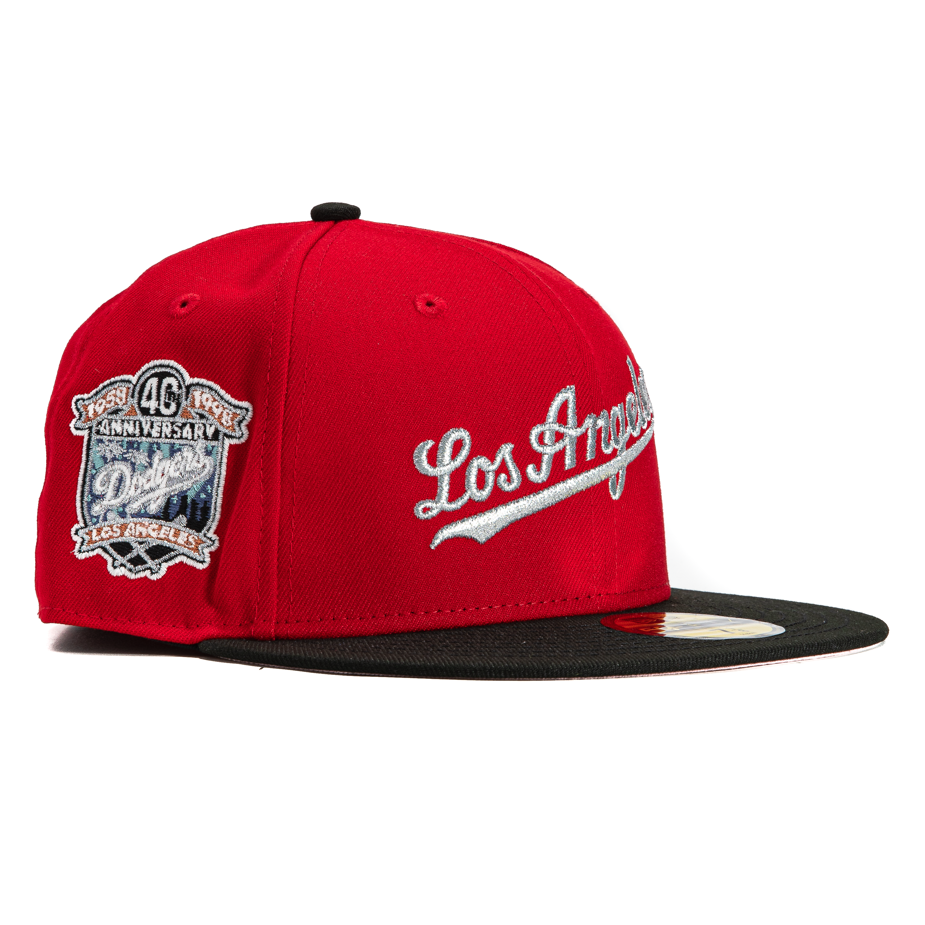 New Era 59Fifty Los Angeles Dodgers 40th Anniversary Patch Script Baseball Cap - Red, Black & Metallic Silver - Adjustable Snapback Hat for Sports Fans & Streetwear Fashion