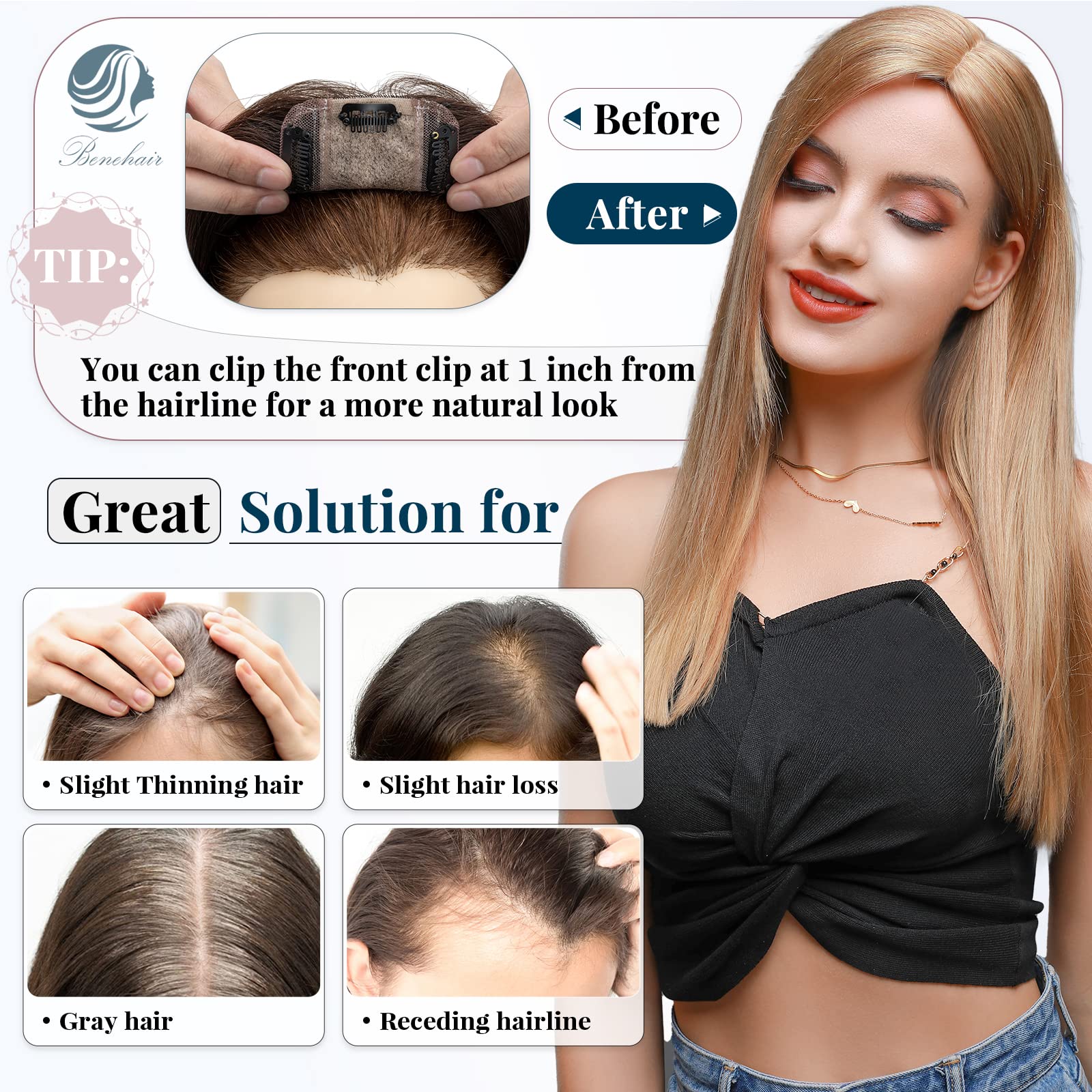 Benehair Clip-in Human Hair Toppers for Women with Silk Base - 1 Piece Remy Human Hair Topper for Thinning Hair - Realistic Hair Extensions Replacement #02 Dark Brown 6 Inch 27g - Perfect for Daily Wear, Special Occasions & Hair Volume Enhancement