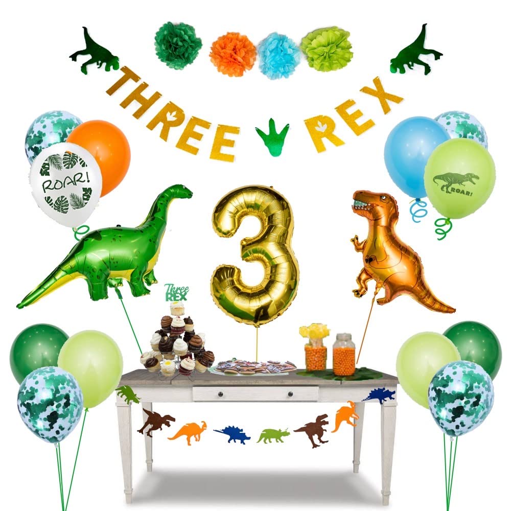 Rex Dinosaur Birthday Party Decorations Set - 3 Dino Banners & Balloons for Boys 3rd Birthday - Perfect for Jurassic Themed Parties, Dinosaur Lover's Celebration, and Kids Birthday Decor