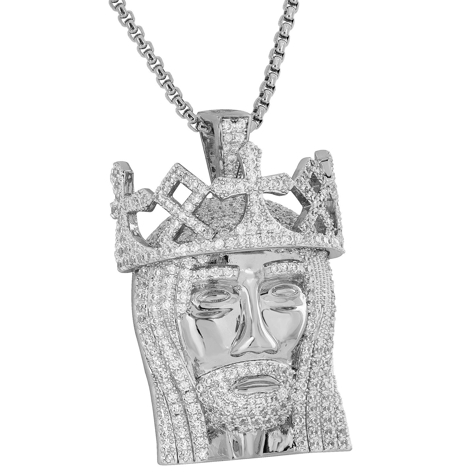 Jesus Face Pendant Necklace - Simulated Diamonds & Rhodium Plated Christ Charm Jewelry for Women - Perfect for Church, Baptism, Easter Gifts & Daily Faith Inspiration