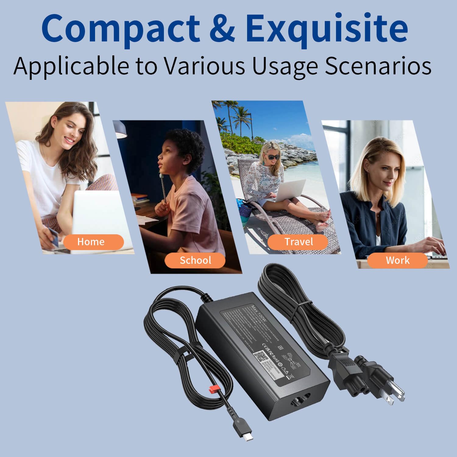 100W USB C Laptop Charger - Slim Fast Charging Adapter for Lenovo ThinkPad/Yoga/Chromebook, MacBook, HP, ASUS, Acer, MSI, Dell - Portable AC Power Adapter for Home, Office & Travel