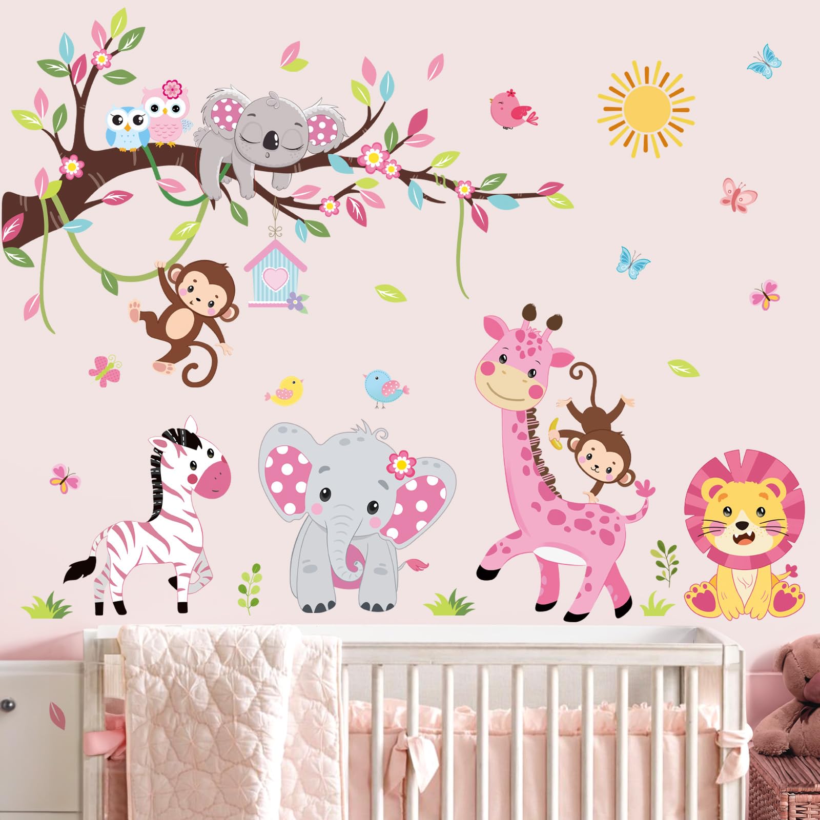 Wondever Pink Animal Tree Branch Wall Decals - Forest Elephant Lion Giraffe Wall Art Stickers for Kids Room, Nursery, Toddler Baby Girl Bedroom Decor - Perfect for Jungle Themed Nursery, Playroom & Children's Birthday Party Decorations