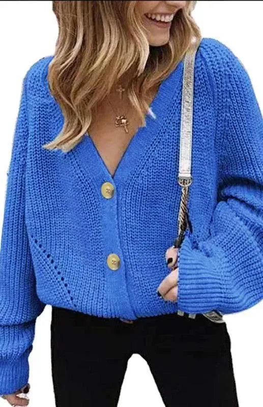 Women's Lantern Sleeve Button Front Cardigan Sweater - Cozy Knit Pullover for Office, Date Night & Fall Layering