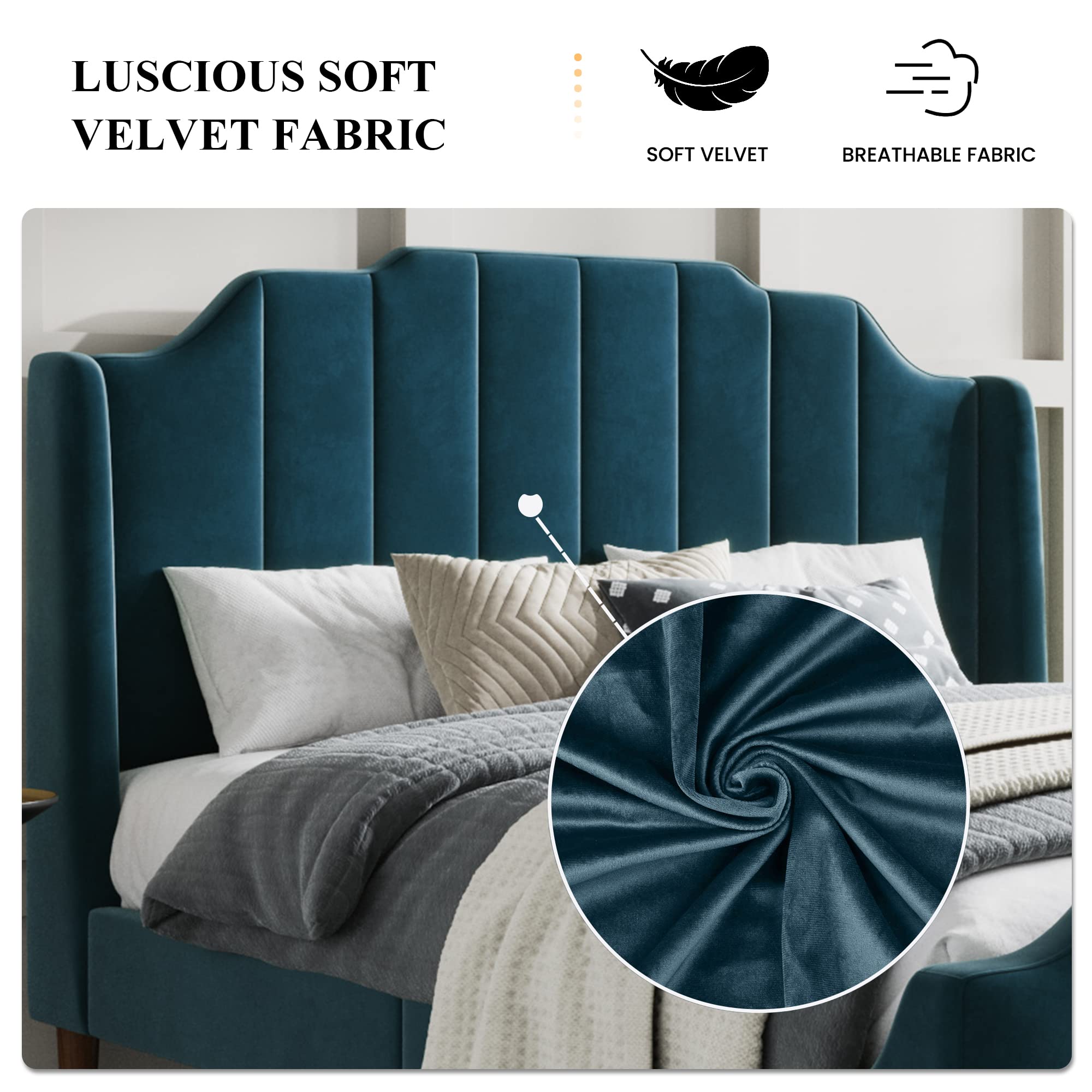 Luxury SHA CERLIN Upholstered Queen Bed Frame with Modern Curved Velvet Wingback Headboard - Heavy Duty Wood Platform Bed with Reinforced Slat Support - No Box Spring Required - Elegant Blue Velvet - Perfect for Master Bedrooms & Guest Rooms