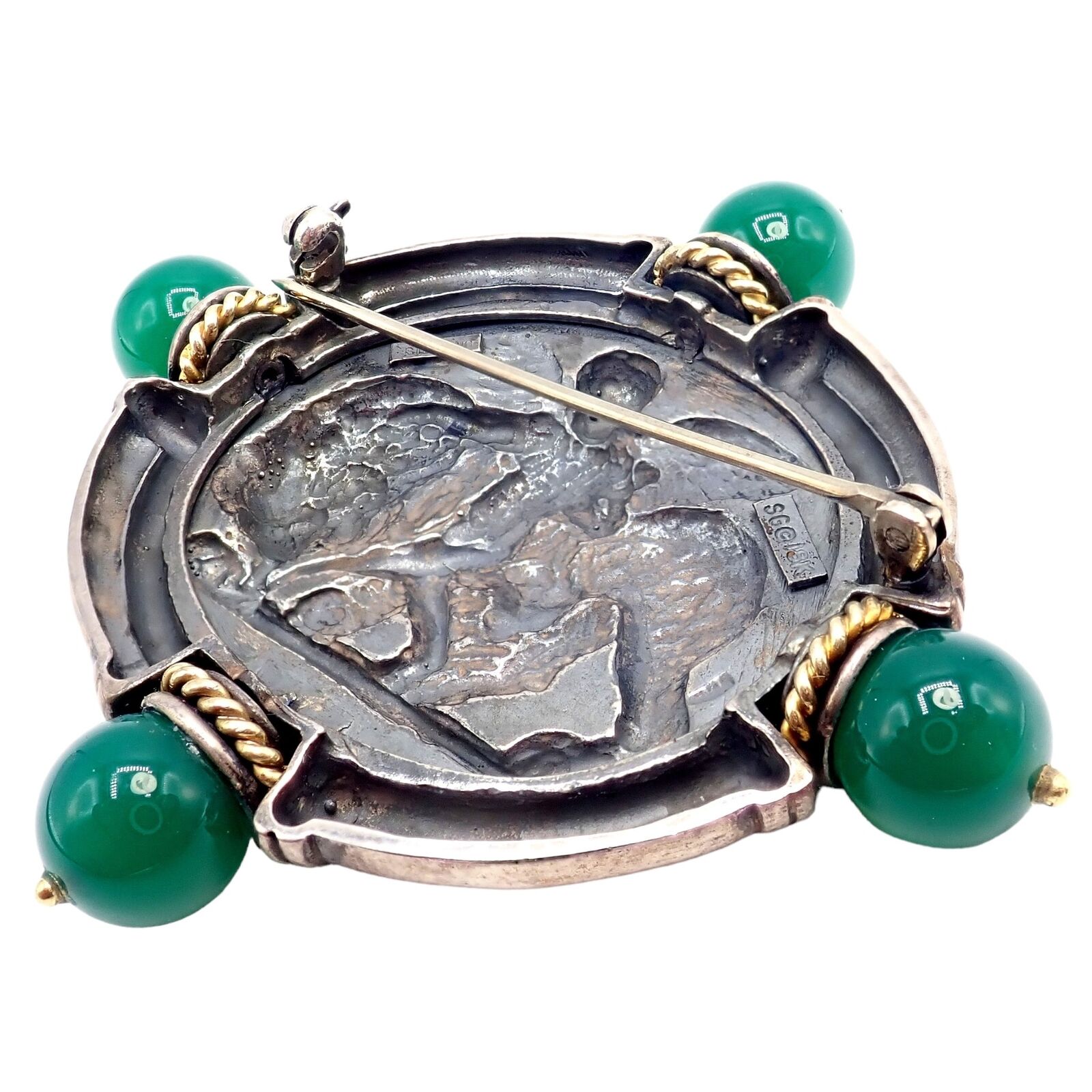 Authentic 18k Yellow Gold & Silver Large Medallion Chrysoprase Brooch - SeidenGang Vintage Jewelry for Women, Perfect for Weddings, Parties & Special Occasions