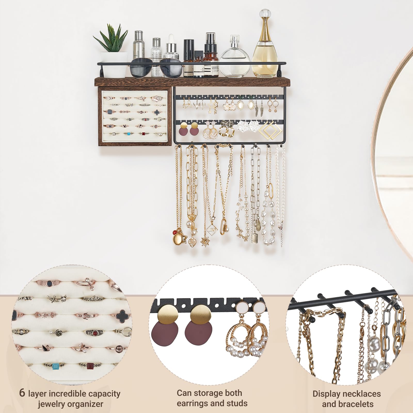 MKONO Wall Mounted Jewelry Organizer - Rustic Wood Shelf with Necklace Holder, Ring Display Box, Earring & Bracelet Organizer | Perfect for Bedroom, Bathroom & Closet Storage (Jewelry Hanger, Jewelry Stand)