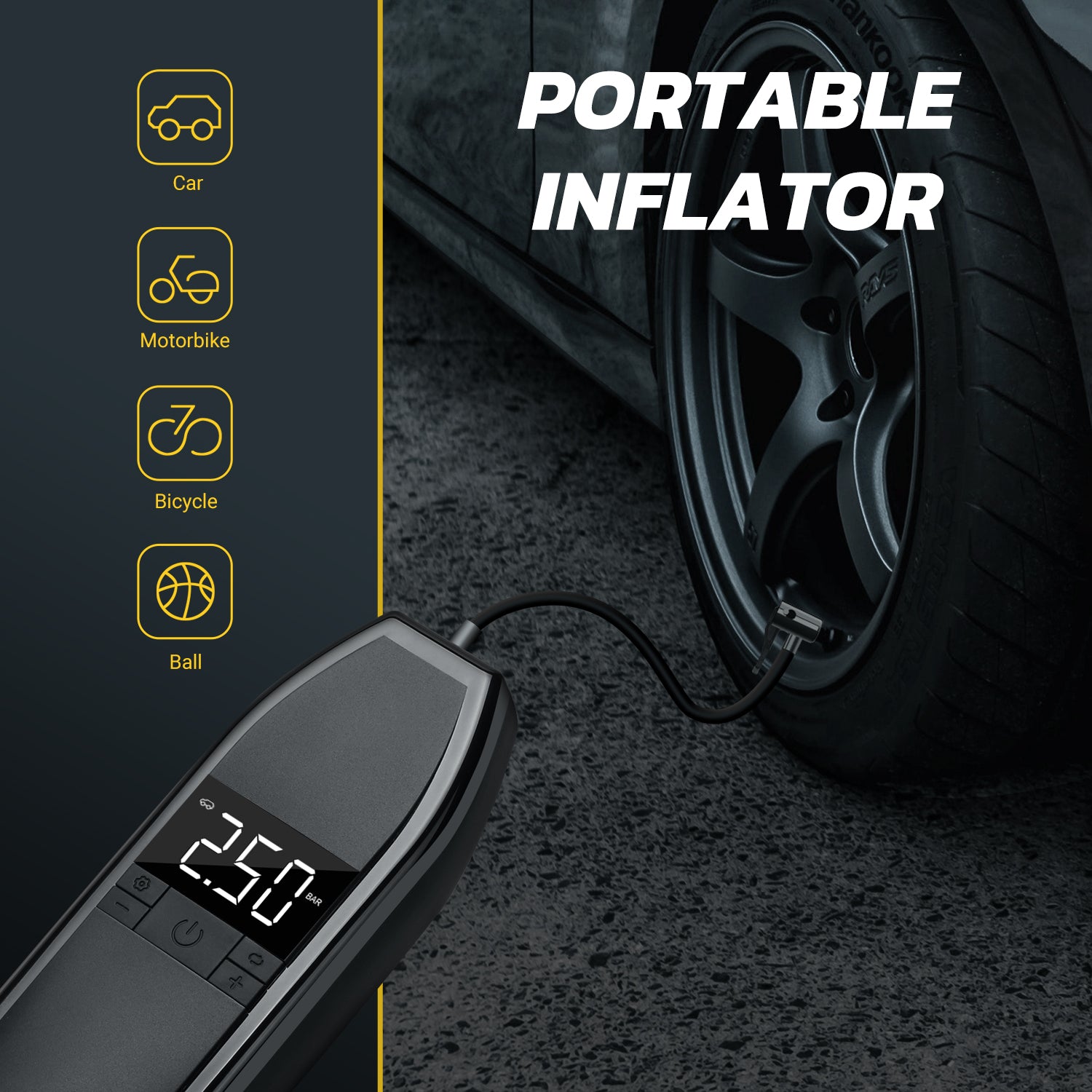 Portable Air Compressor - Rechargeable Automatic Tire Pump for Cars, Bikes & Inflatables - PUM300 - Perfect for Road Trips, Camping & Emergency Use