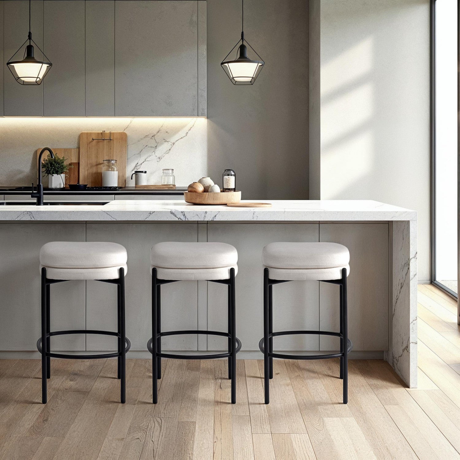 Caelen Counter Stool Set of 2 - Modern Kitchen Bar Stools with Padded Seat, Oatmeal Fabric Upholstery - Perfect for Breakfast Nook, Kitchen Island & Home Bar Decor