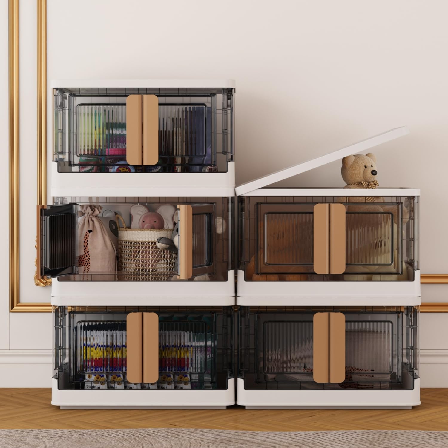 Foldable Storage Bins with Lids - 8.5 Gallon Stackable Closet Organizer Bins, Open Front Door Collapsible Storage Boxes (4-Pack) for Home, Office & Garage Organization