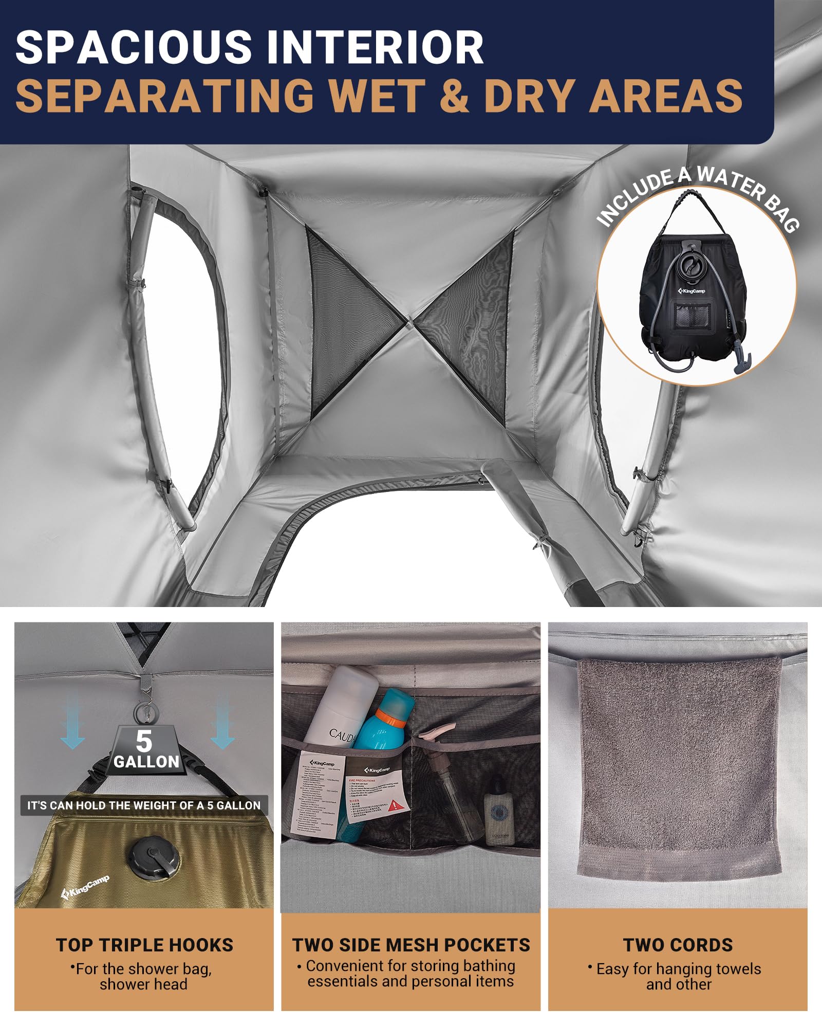 KingCamp Luxury Camping Shower Tent with Portable Shower Bag - 1 Room & 2 Room Privacy Shelter Toilet Tent for Outdoor Adventures, Beach Trips & RV Camping