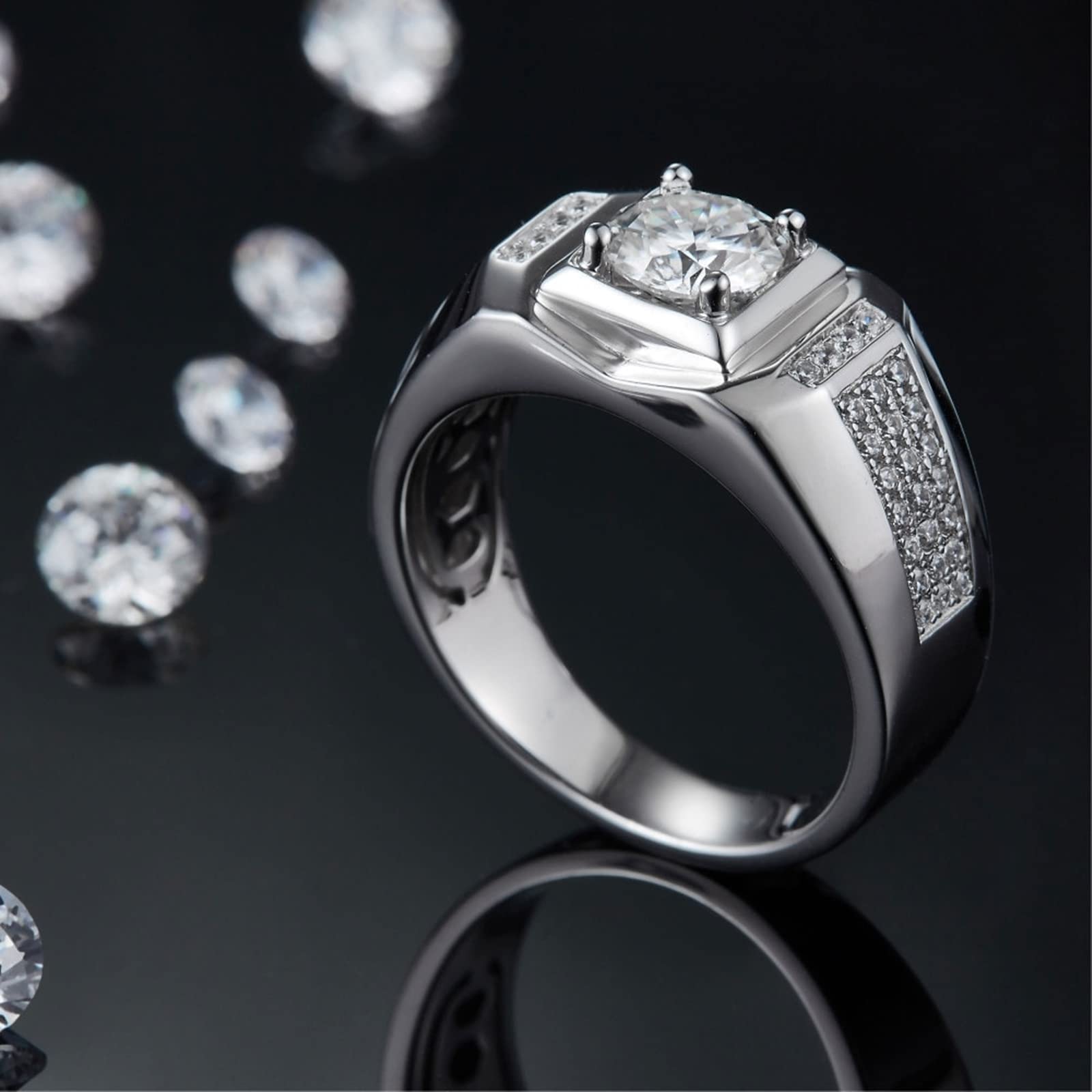 Men's Sterling Silver Wedding Band - 8mm Wide Square Ring with Zirconia, White Gold Plated for Men - Perfect for Engagement, Anniversary & Everyday Wear