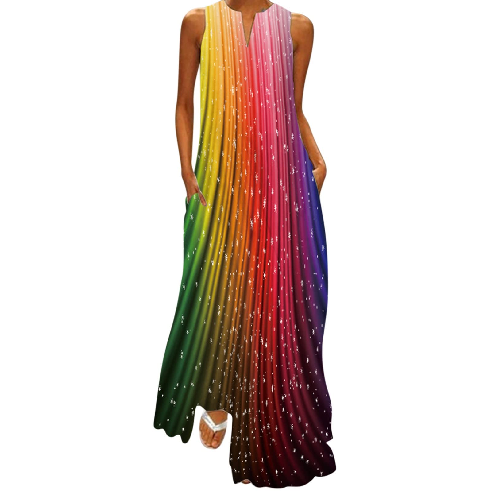 KAQQ Women's Sexy Digital Print V-Neck Sleeveless Beach Dress with Pockets - Flowy Long Summer Dress for Vacation, Pool Party & Casual Outings