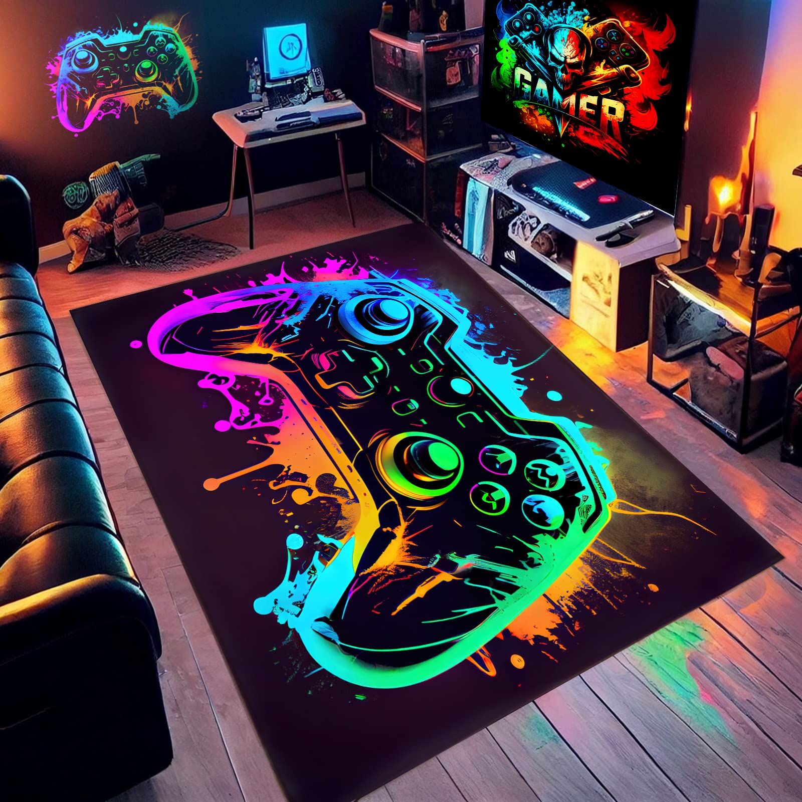 Colorful Game Controller Design Gaming Rug - 36x24 Inches for Game Room, Boys' Bedroom & Living Room Decor - Perfect for Gaming Setups, Man Caves & Teen Bedrooms