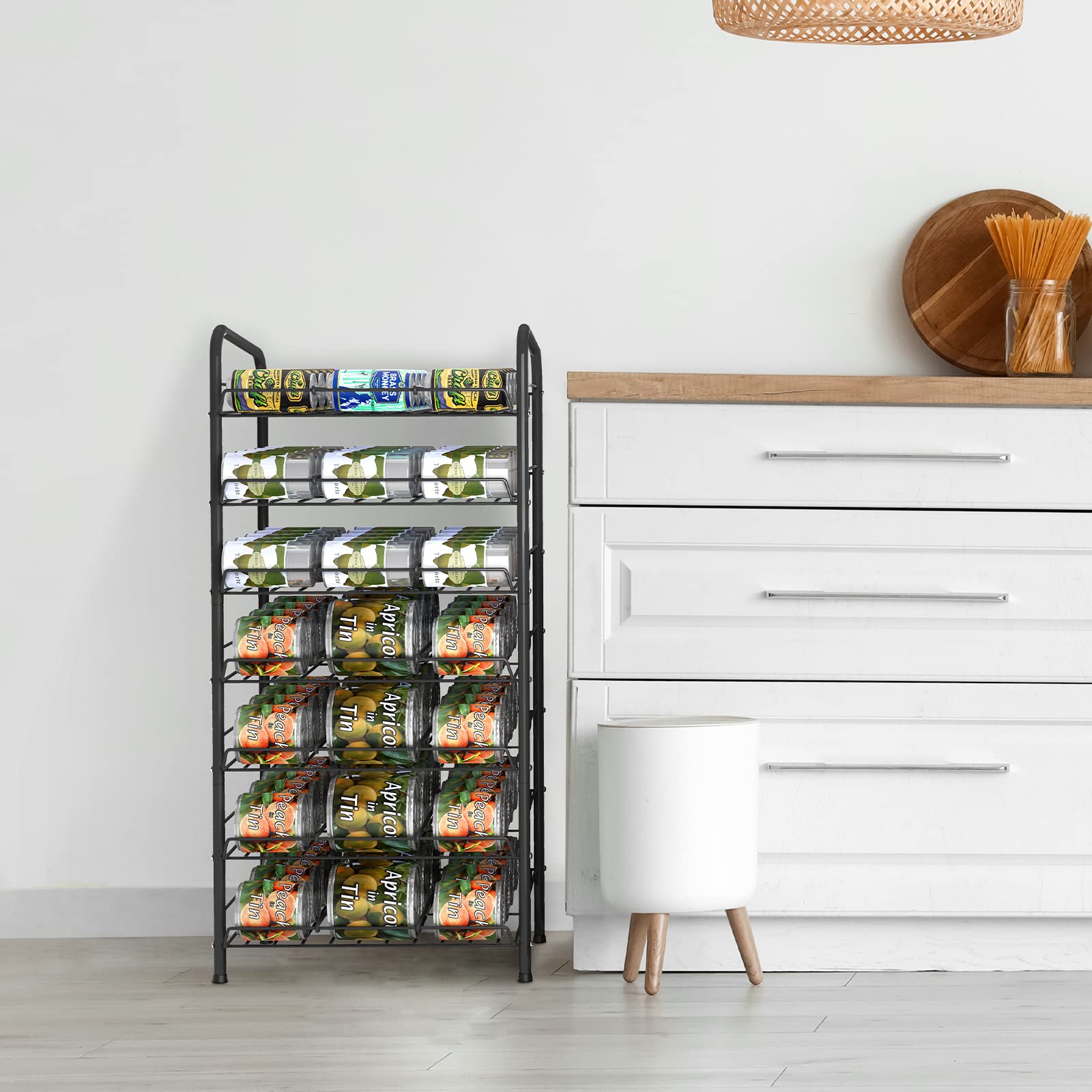 Vrisa 7-Tier Metal Can Organizer for Pantry & Kitchen - Holds 84 Cans, Space-Saving Food Storage Rack - Perfect for Canned Goods Organization in Cabinets, Shelves & Pantries (Black)