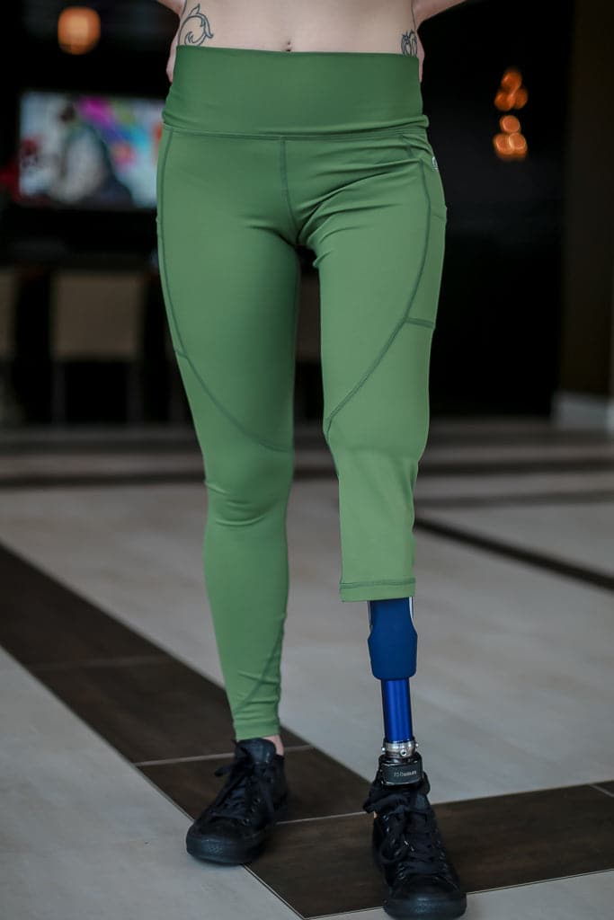 Amputee Leggings with Pockets - Below Knee Left Leg Compression Pants in Military Green | Adaptive Activewear for Amputees, Yoga, Running & Daily Wear