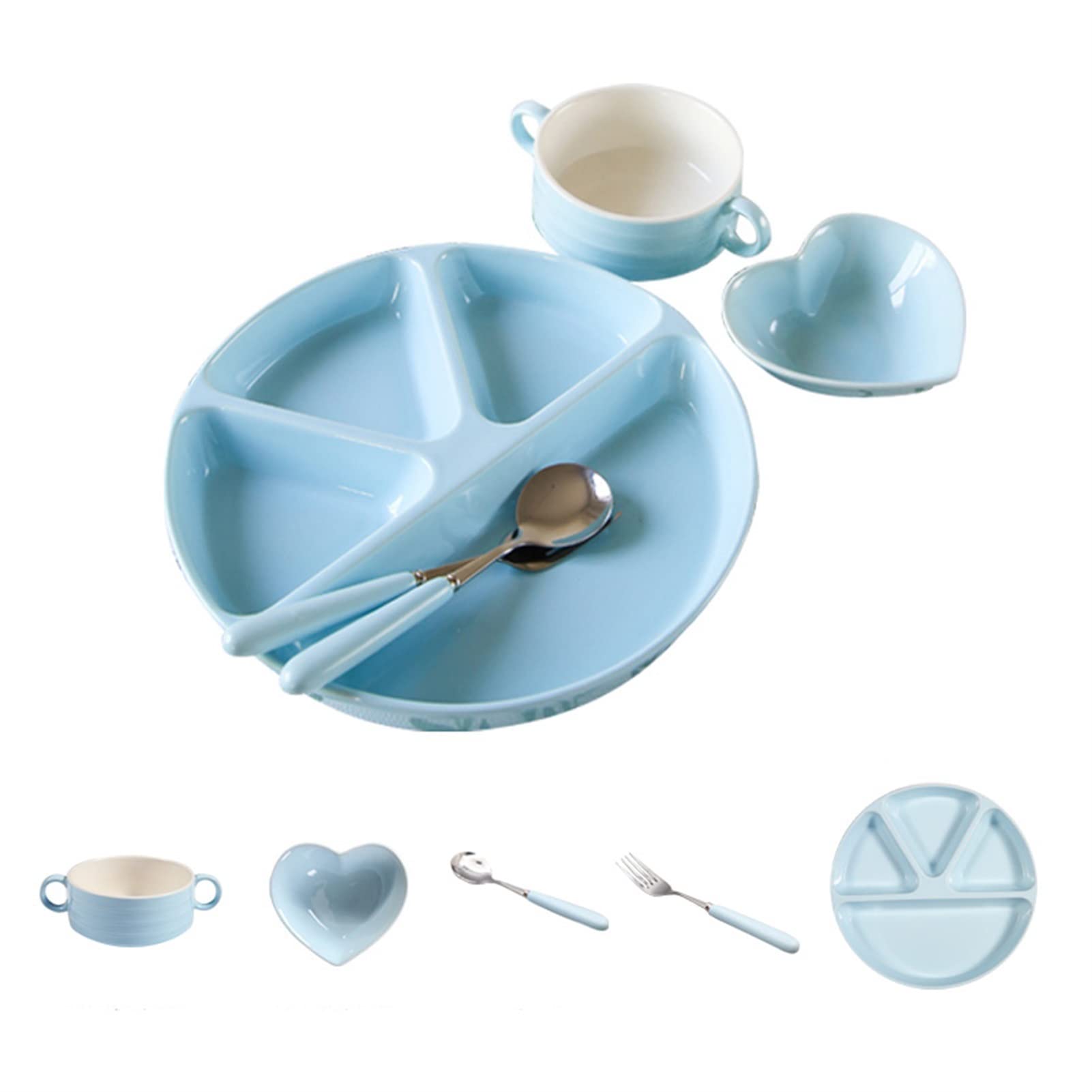 Portion Control Plate Set - 4-Compartment White Dinner Plates with Dividers, Dishwasher Safe (5 Pcs, Blue) for Healthy Meals & Meal Prep