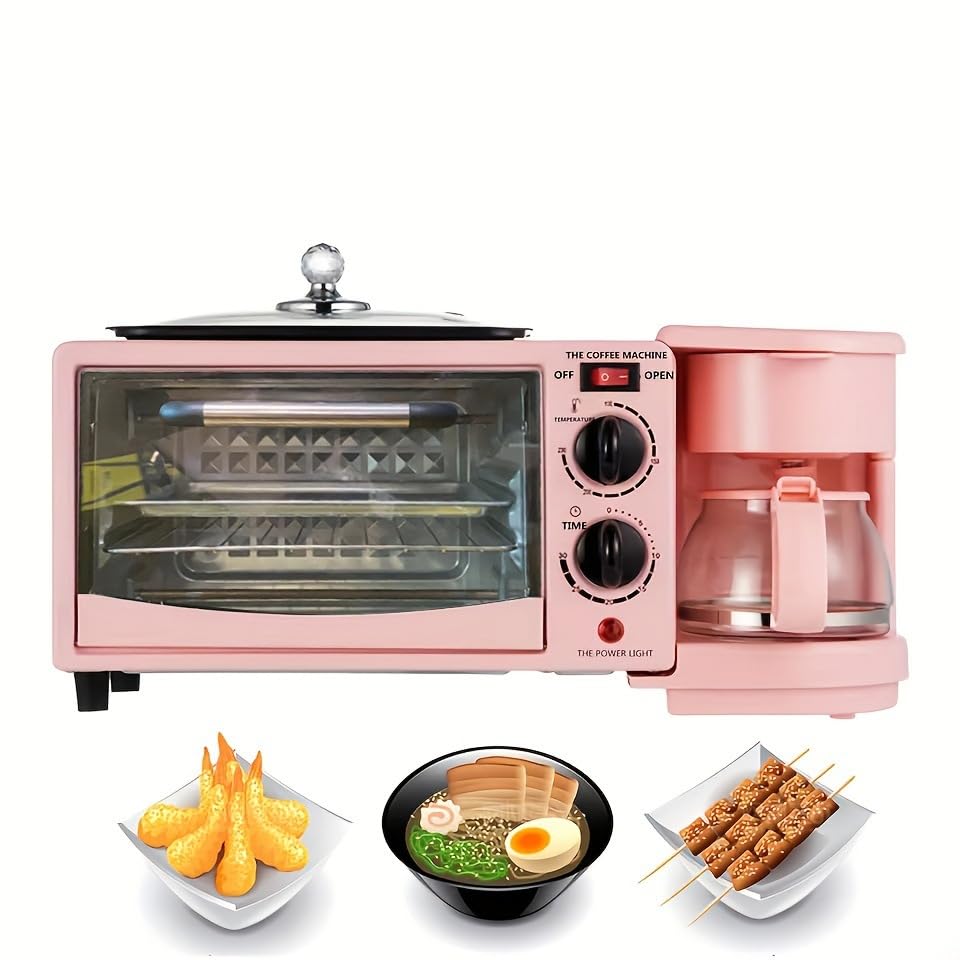 3-in-1 Breakfast Station with Coffee Maker, 9L Multifunctional Toaster Oven Combo - Includes Coffee Machine, Non-Stick Griddle & 4-Slice Toaster | Perfect for Small Kitchens, Dorms & Quick Breakfasts | Compact Pink Appliance with Timer for Home & Office Use
