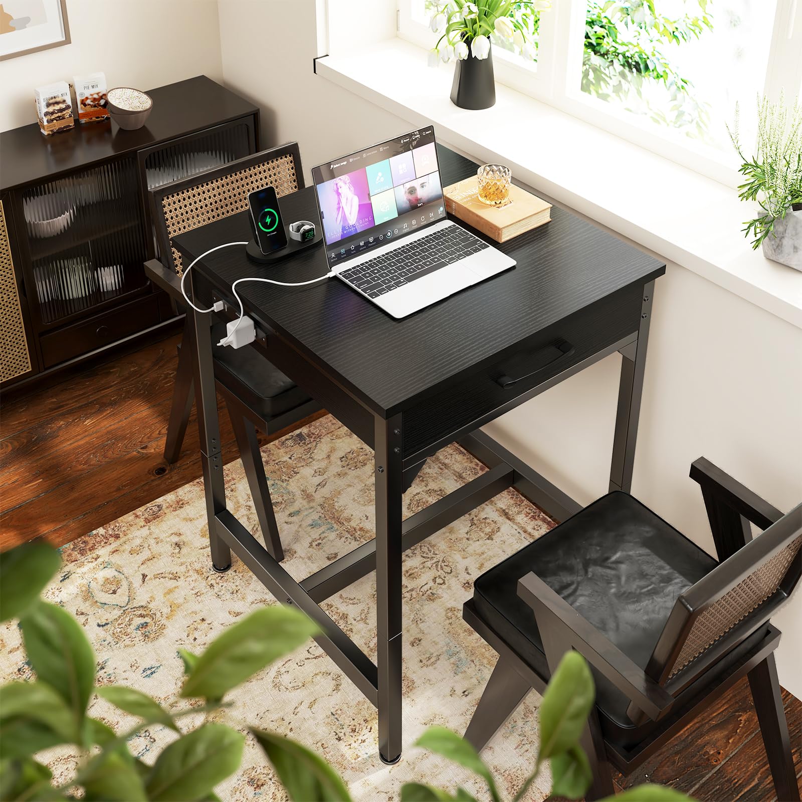 24x24 Inch Modern Bar Table with Power Outlets & Storage - Counter Height Pub Table with Sturdy Metal Legs - Black Kitchen & Dining High Top Table for Home, Restaurant, Bar or Office Use