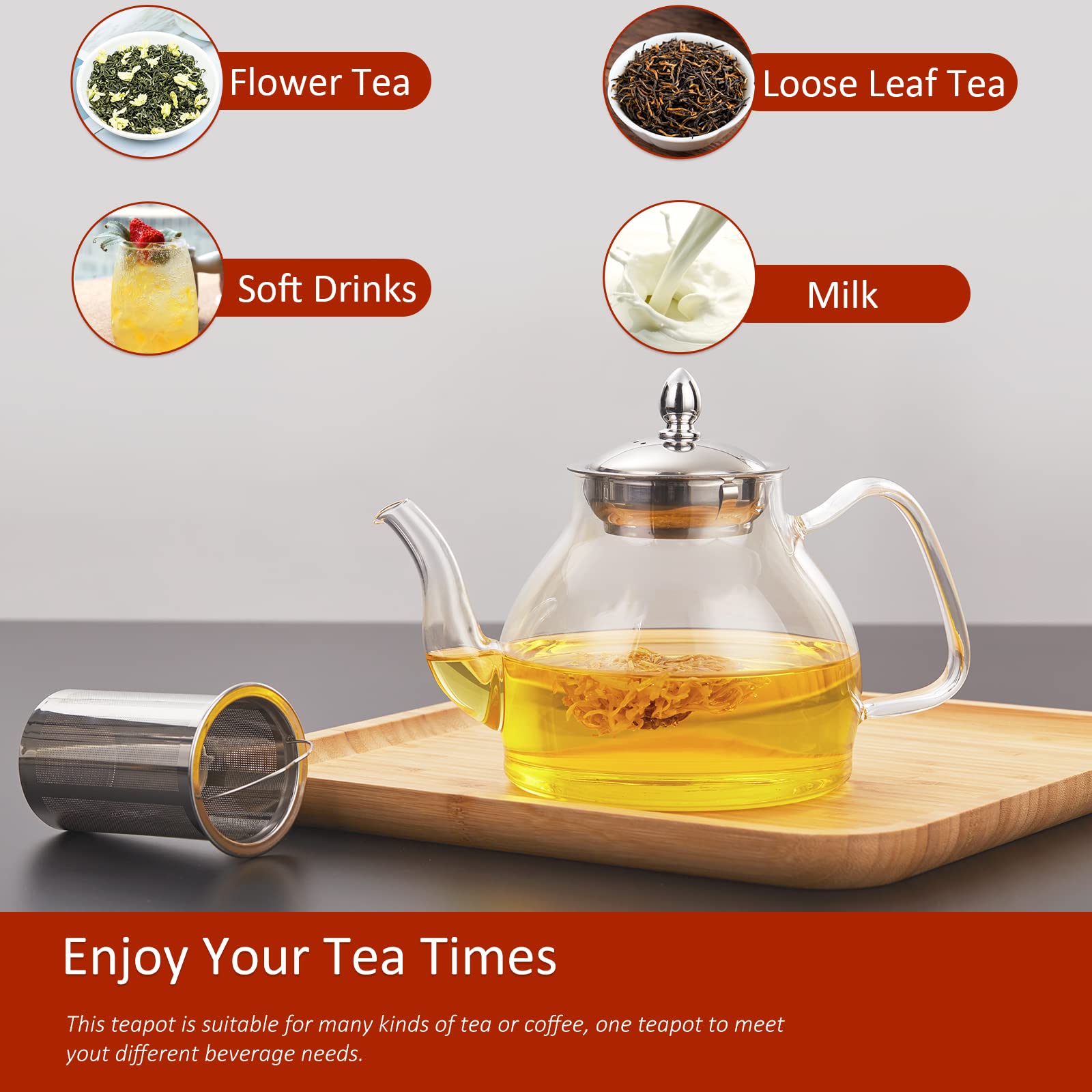 Premium 40oz Glass Teapot with Removable Stainless Steel Infuser - Perfect for Blooming Tea, Loose Leaf Tea & Herbal Brews - Stovetop & Microwave Safe Gooseneck Kettle - Elegant Gift Box Included - Ideal for Home, Office & Tea Ceremonies