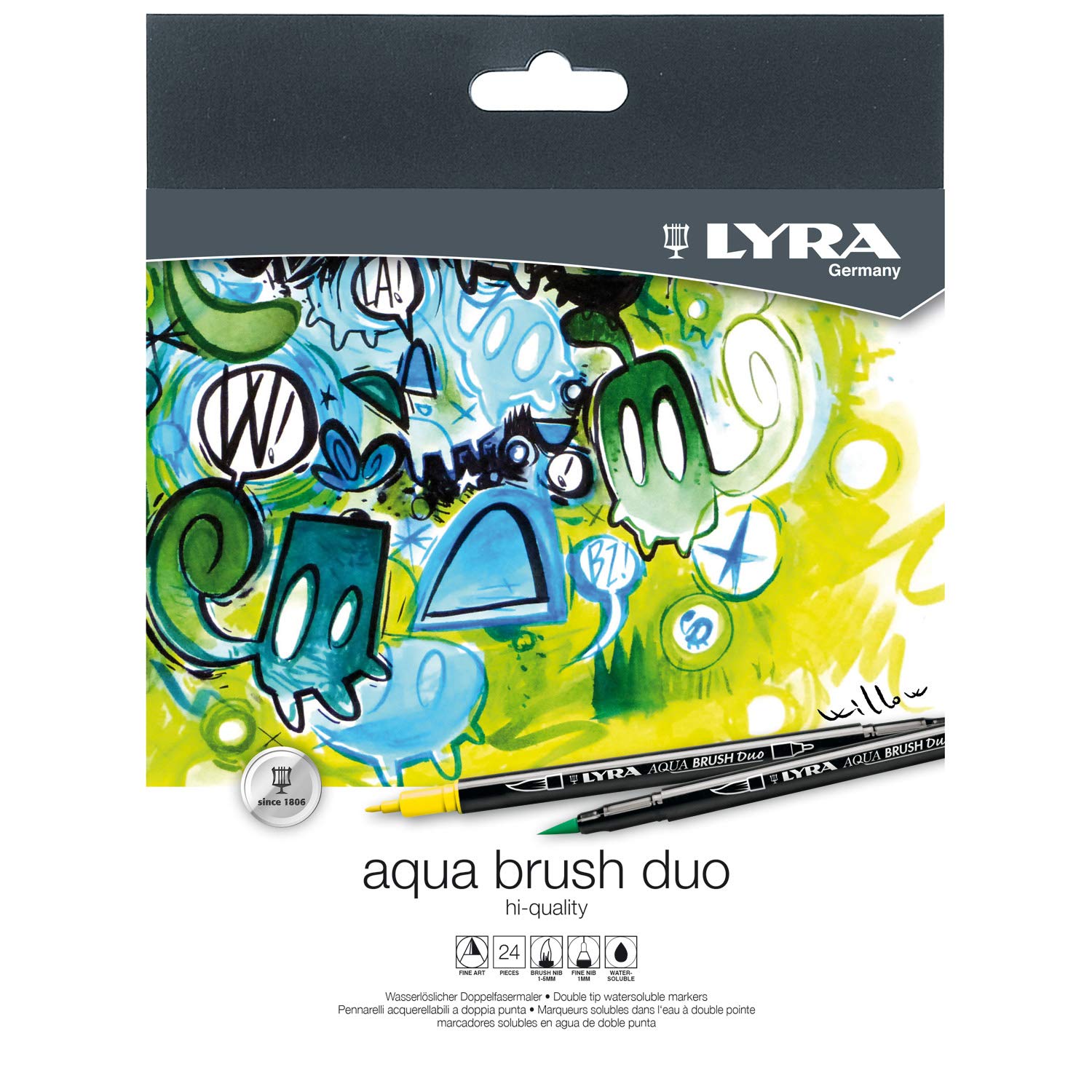 Lyra Aqua Brush Duo Brush Markers - 24 Pack Dual Tip Watercolor Markers for Artists, Calligraphy & Coloring Books - Fine & Broad Brush Pens for Blending, Shading & Detailed Artwork - Perfect for Adult Coloring, Bullet Journaling & DIY Crafts