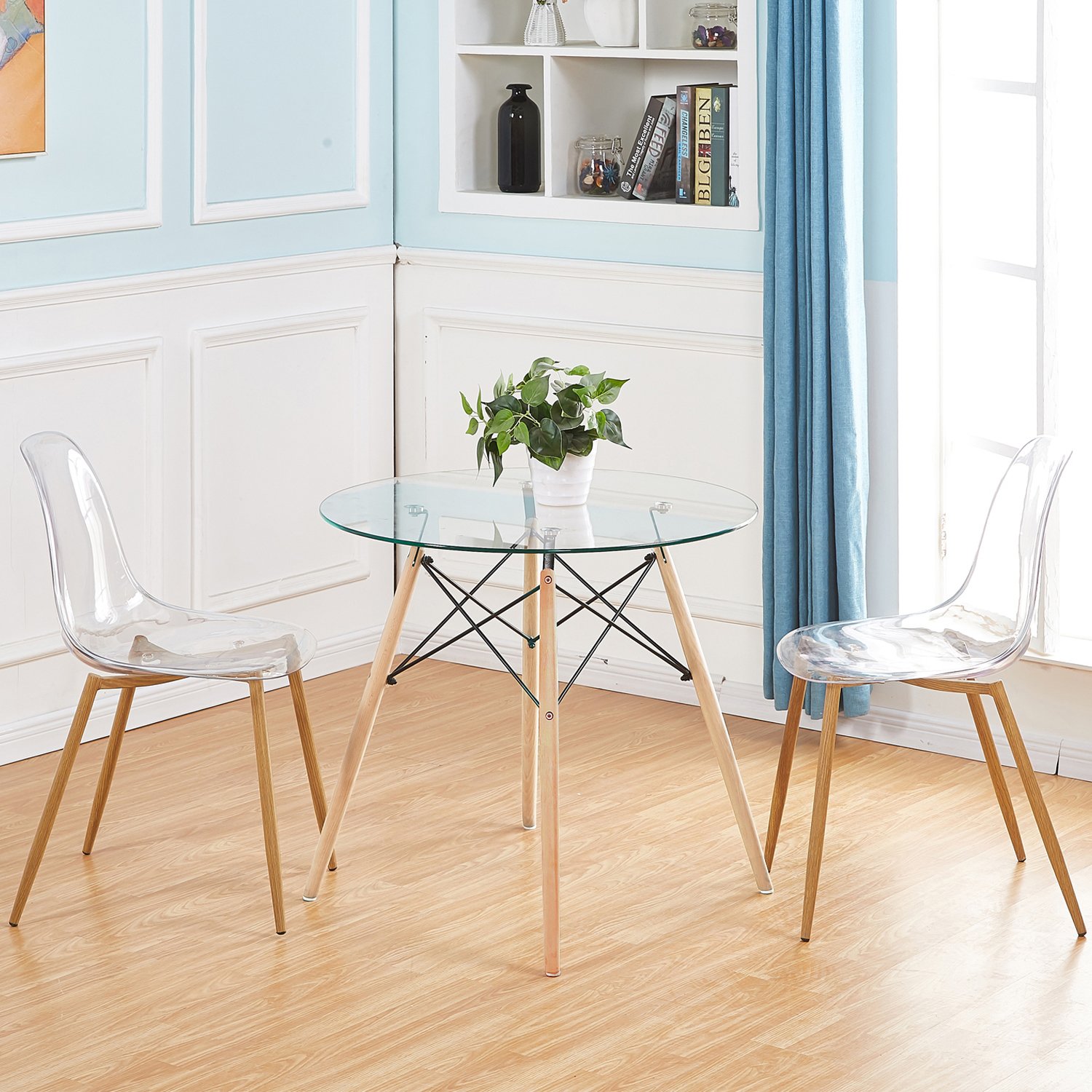 Modern Round Glass Dining Table with Wood Legs - Clear Kitchen & Dining Room Table, Perfect for Small Spaces, Breakfast Nook, and Contemporary Home Decor